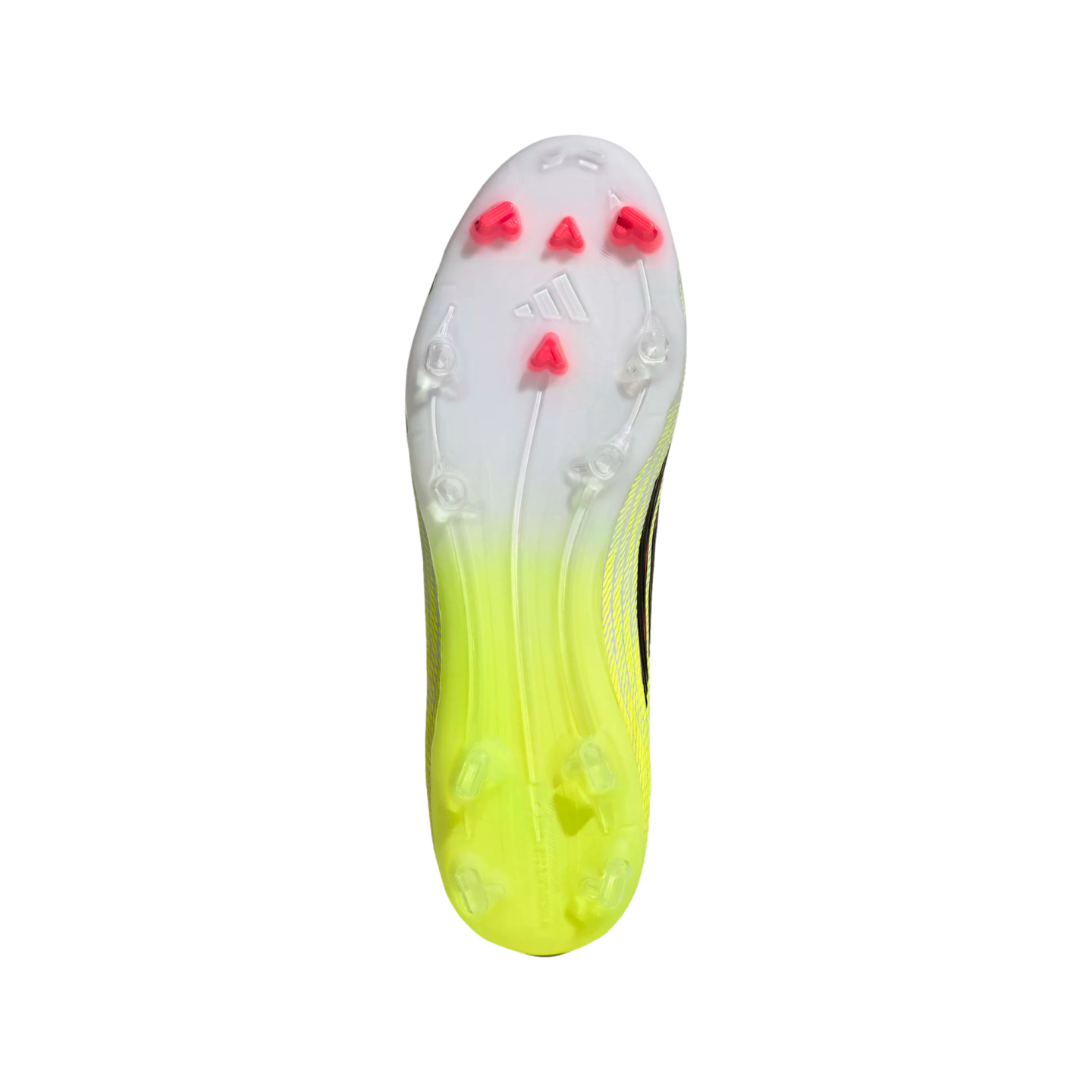 The sole of an Adidas soccer shoe with a neon yellow-to-white gradient and pink triangular studs on the forefoot.