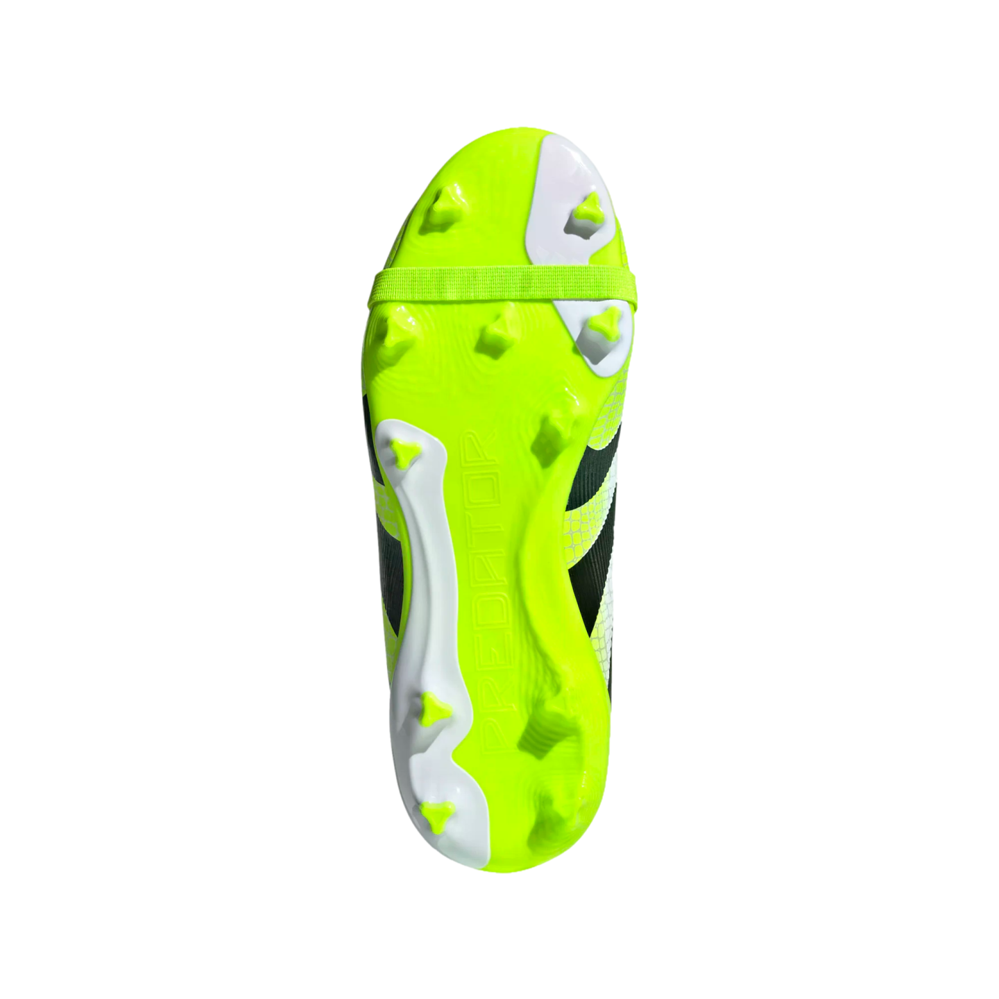 A bottom view of a neon green and white soccer cleat soleplate with studs and "PREDATOR" branding, isolated on a black background.