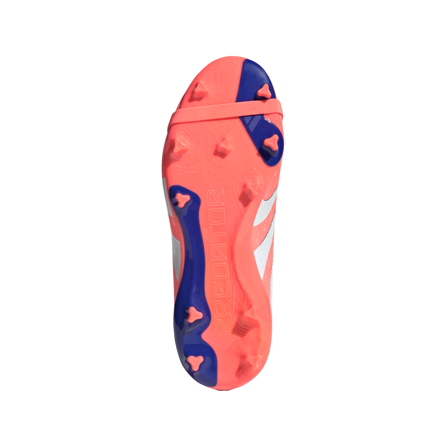 Bottom view of a vibrant orange and blue soccer cleat with triangular studs and "PREDATOR" embossed on the sole.