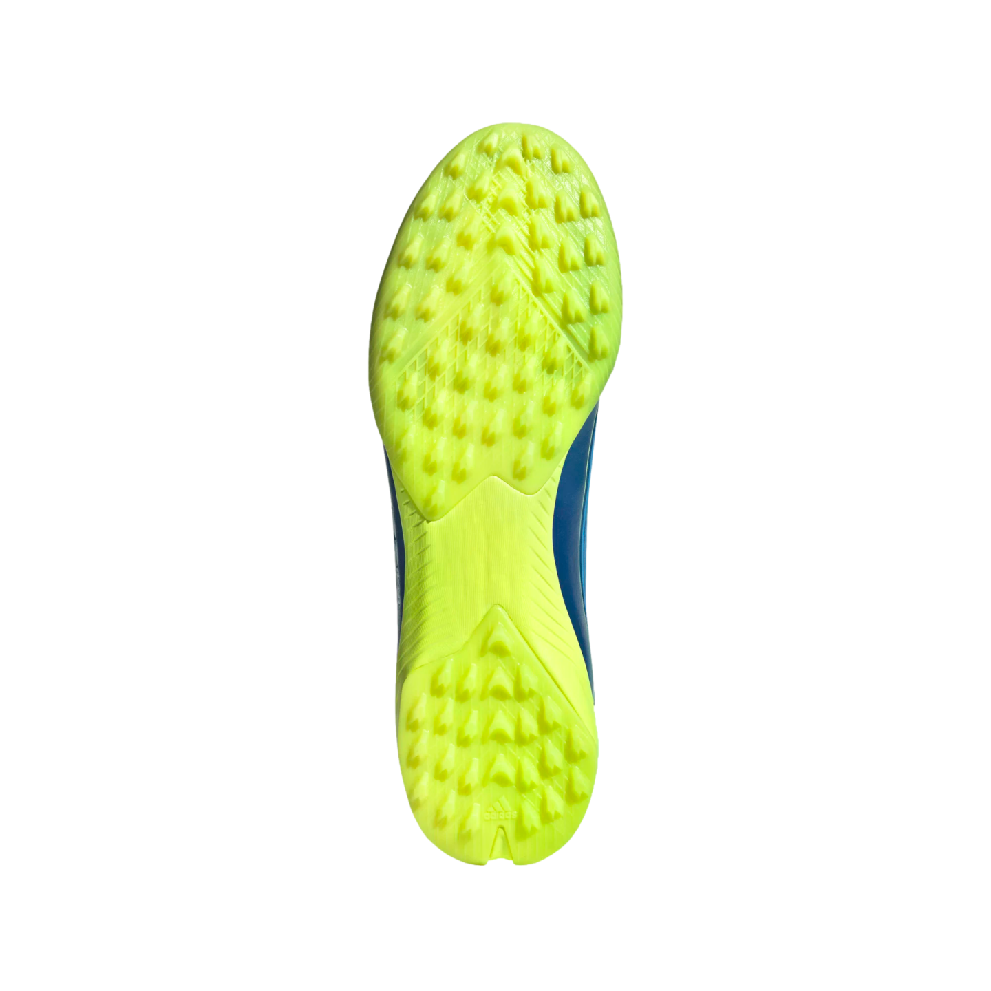 Bottom view of a neon yellow turf soccer shoe featuring a multi-studded rubber outsole for traction.