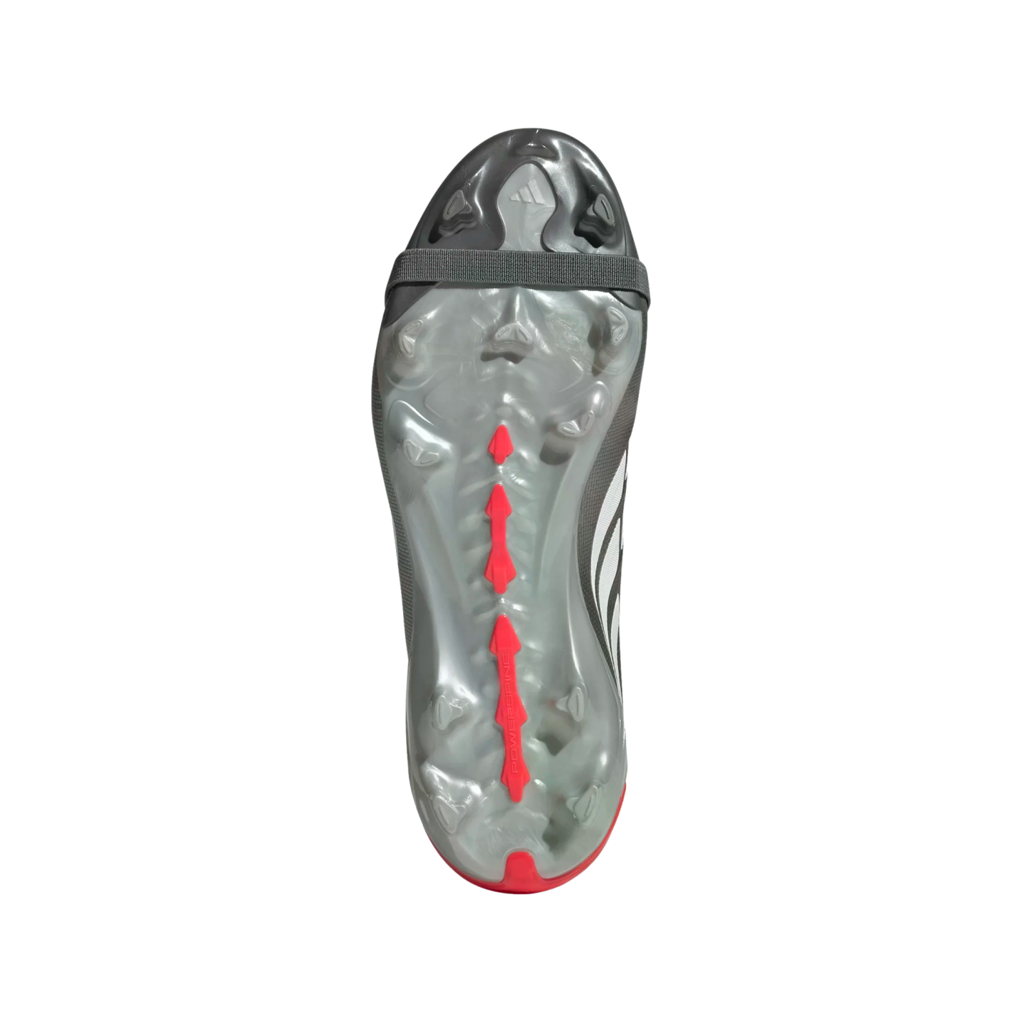Underside of a grey Adidas soccer cleat outsole with red spine detail and studs.