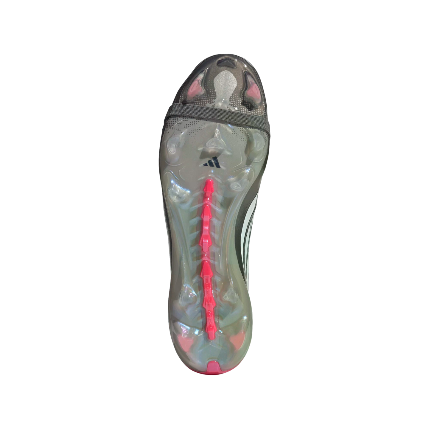 Bottom view of an Adidas soccer cleat soleplate, featuring a translucent gray base with pink studs and a central pink spine. A gray strap crosses the forefoot.