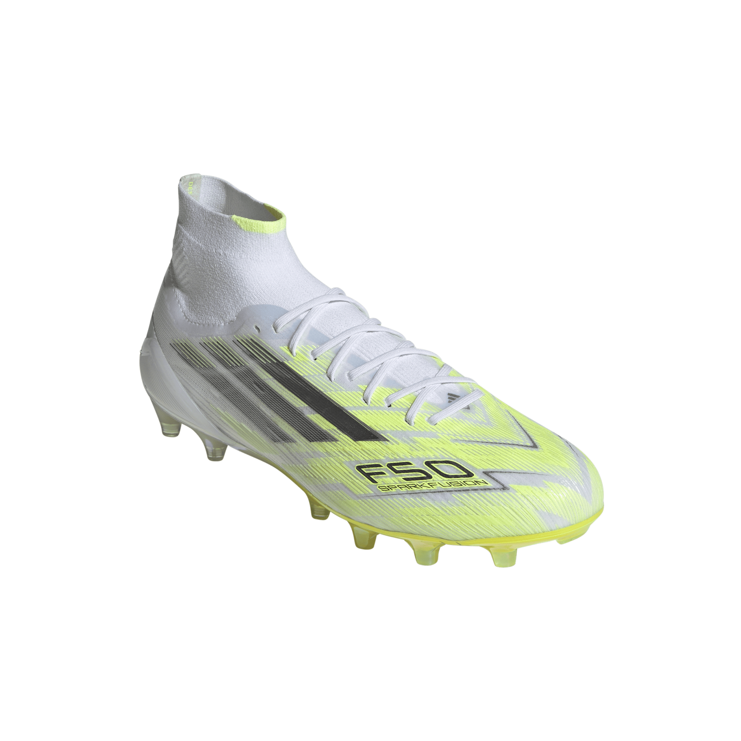 A white and neon yellow adidas F50 Sparkfusion soccer cleat with a high-top collar and grey stripes, isolated on a black background.