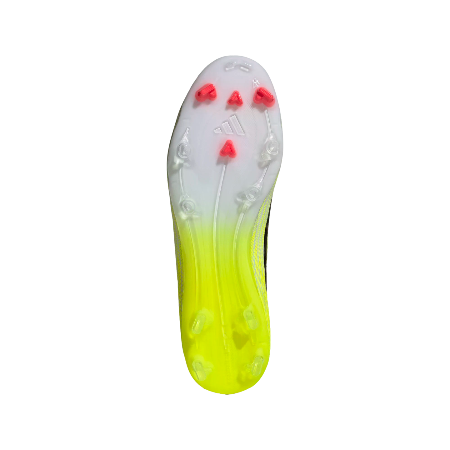 Bottom view of an Adidas soccer cleat soleplate with a white to neon yellow gradient and red triangular studs on the forefoot.