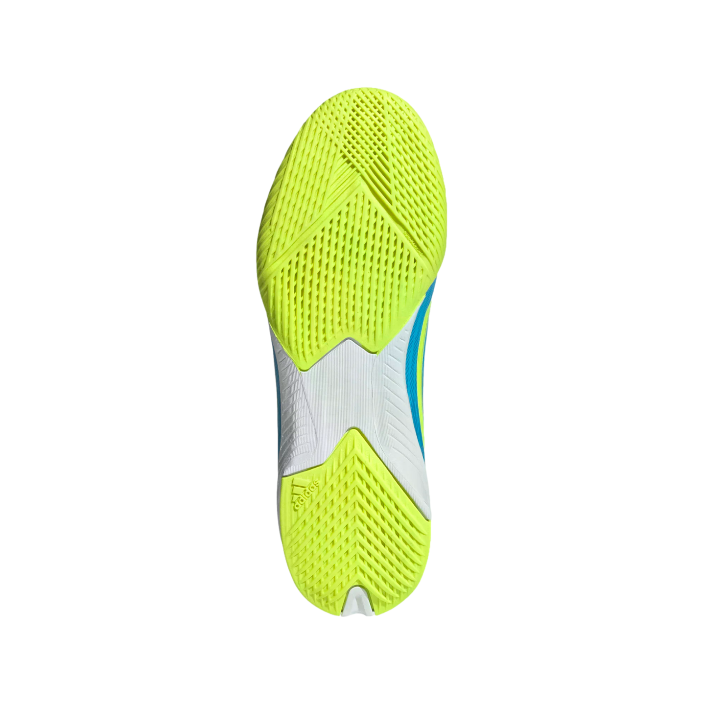 A top-down view of the sole of an Adidas athletic shoe against a black background. The outsole features bright neon yellow textured tread at the forefoot and heel, connected by a white midsection. The light blue side of the shoe is visible along the edges
