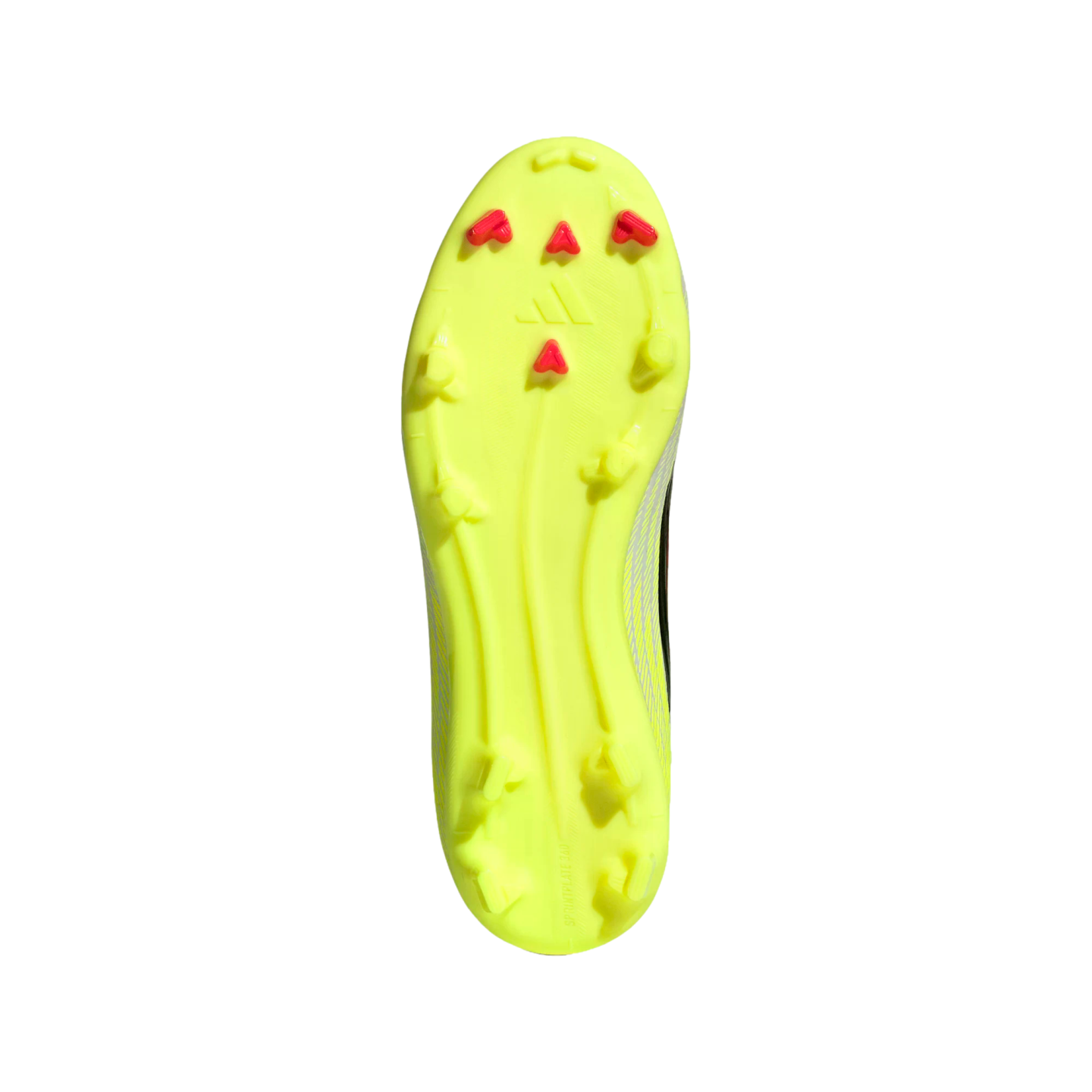 Bottom view of a neon yellow Adidas soccer cleat soleplate, featuring red and yellow studs and the brand logo embossed in the center.