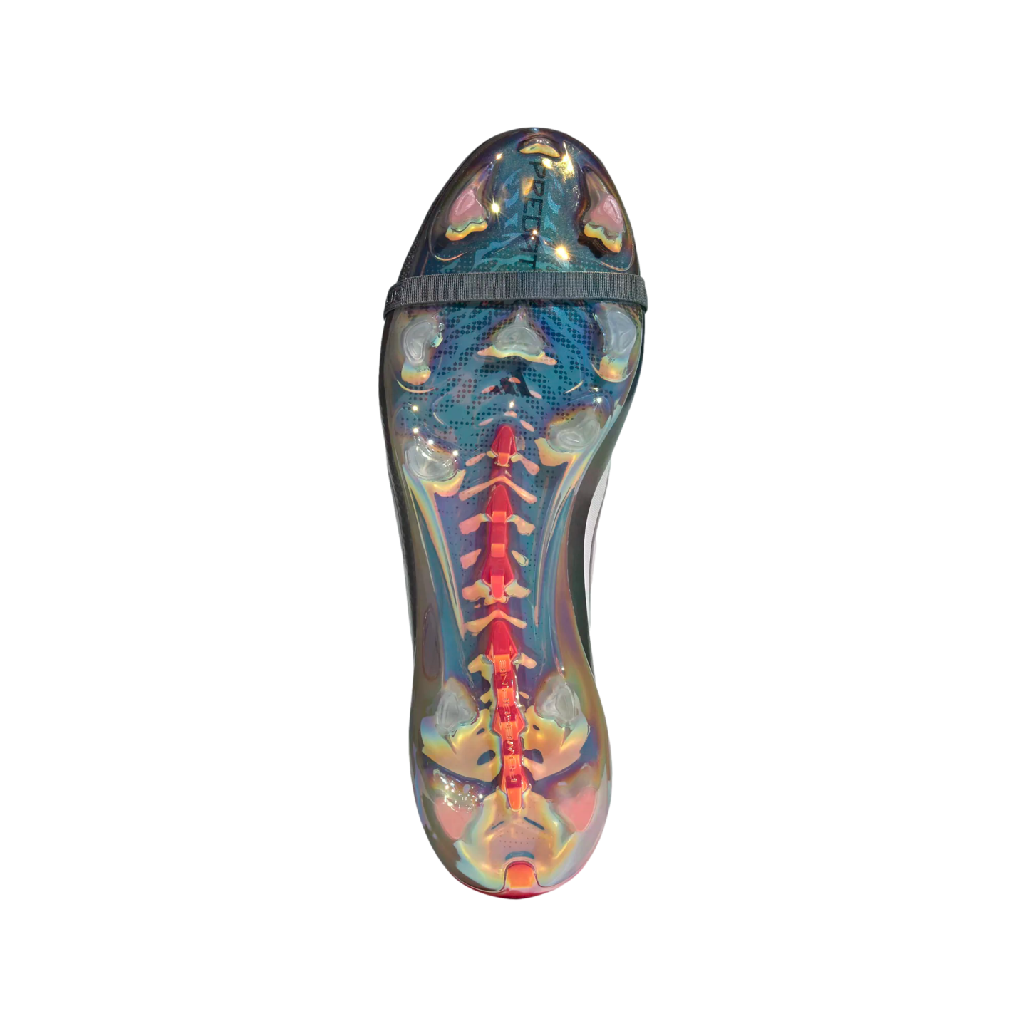Bottom view of an iridescent soccer cleat soleplate with clear studs, a central red spine, and a grey elastic strap against a solid black background.