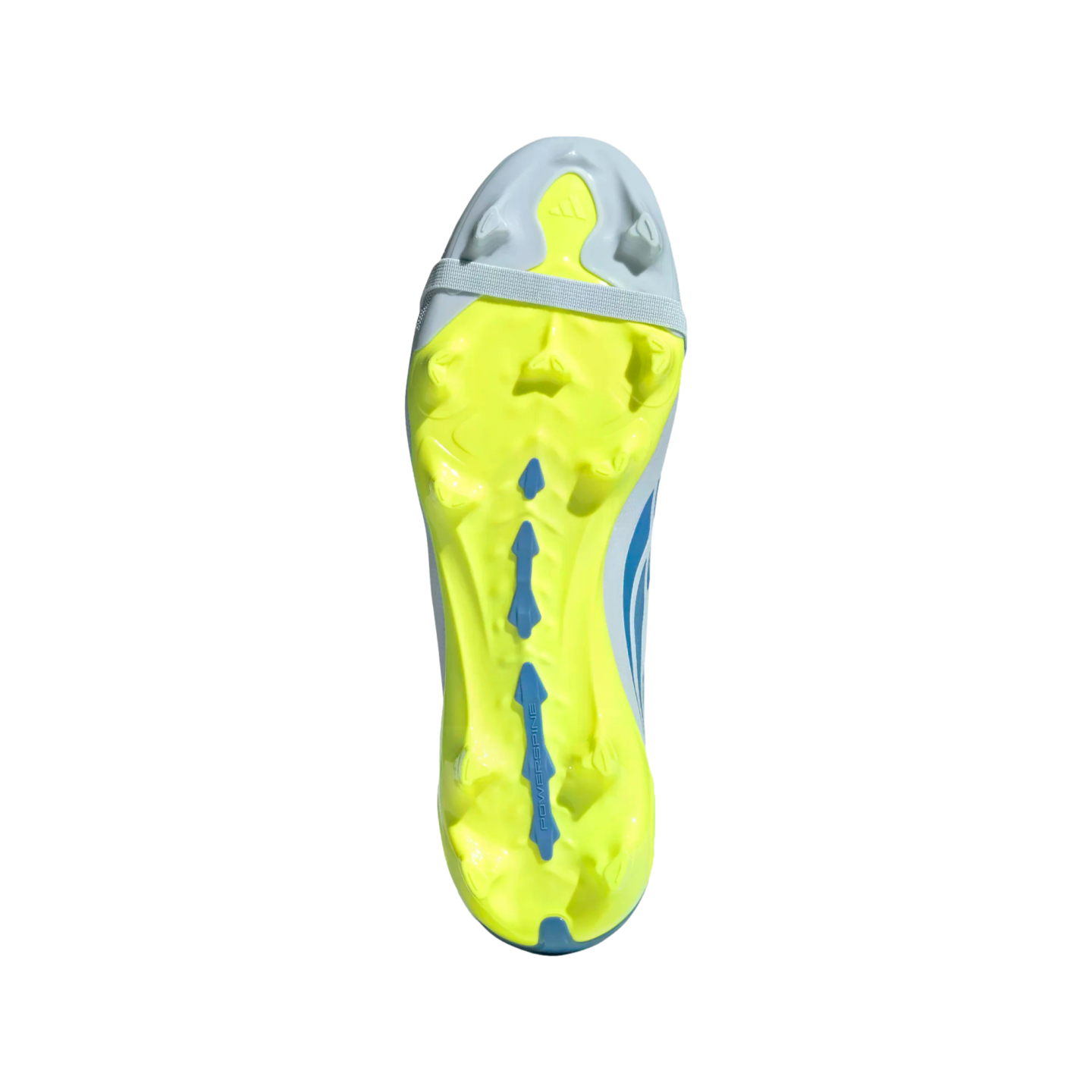 A bottom-up view of a neon yellow and light gray soccer cleat against a black background, showcasing the blue studs and a central blue element with "POWERSPINE" text.