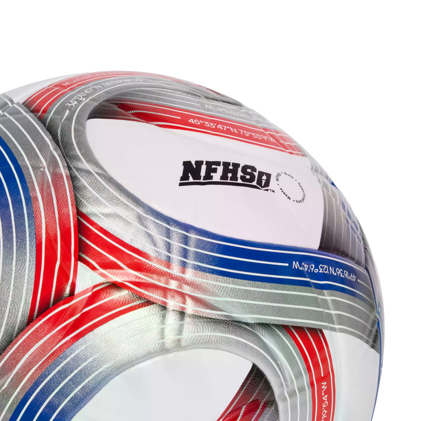 Close-up of a soccer ball with red, blue, and silver striped designs on white panels, featuring geographic coordinates and the NFHS logo.
