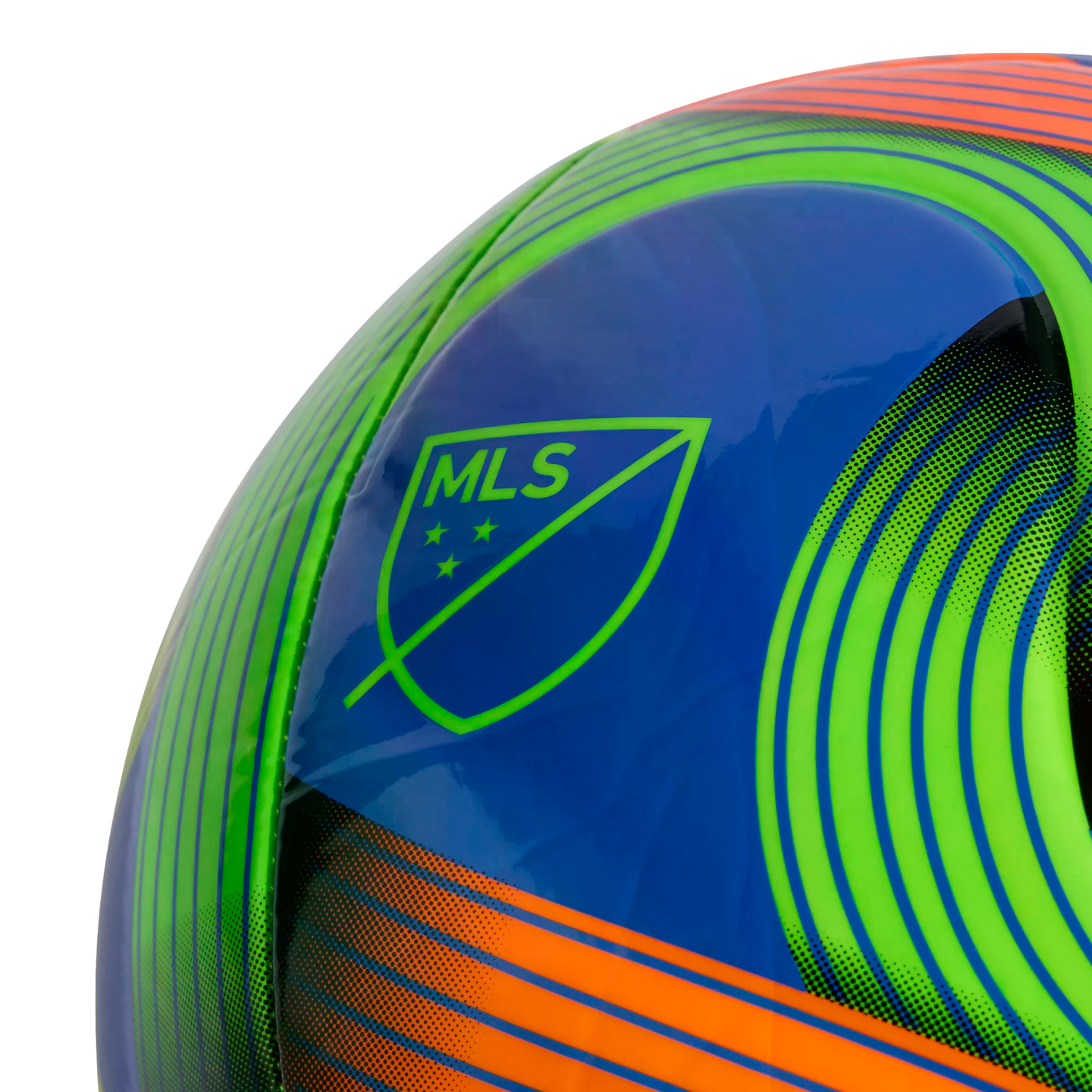 Close-up of a colorful soccer ball featuring a neon green MLS logo on a blue panel with vibrant green and orange curved stripes.
