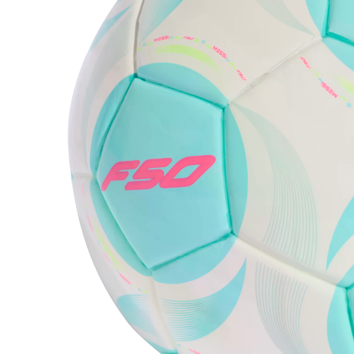 A close-up of a white and turquoise soccer ball featuring a large pink "F50" logo and "MESSI" branding along the seams.