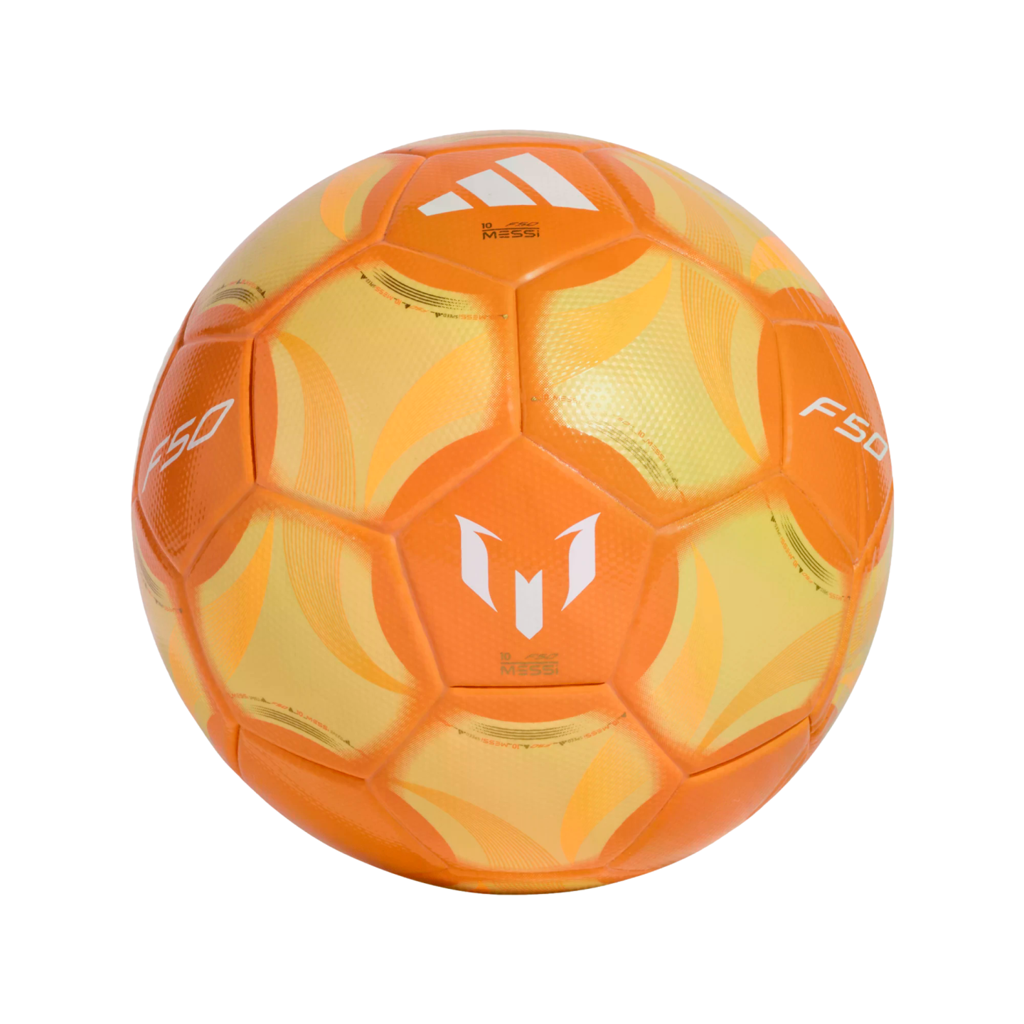 A soccer ball featuring orange and yellow panels and white logos, including the Adidas three-stripe logo and the Lionel Messi "M" branding, against a solid black background.