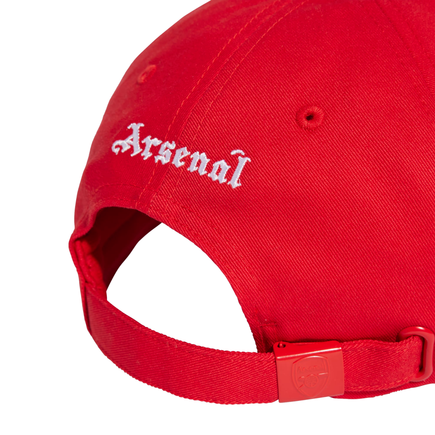 Back view of a red baseball cap featuring white "Arsenal" Gothic embroidery and an adjustable red strap.