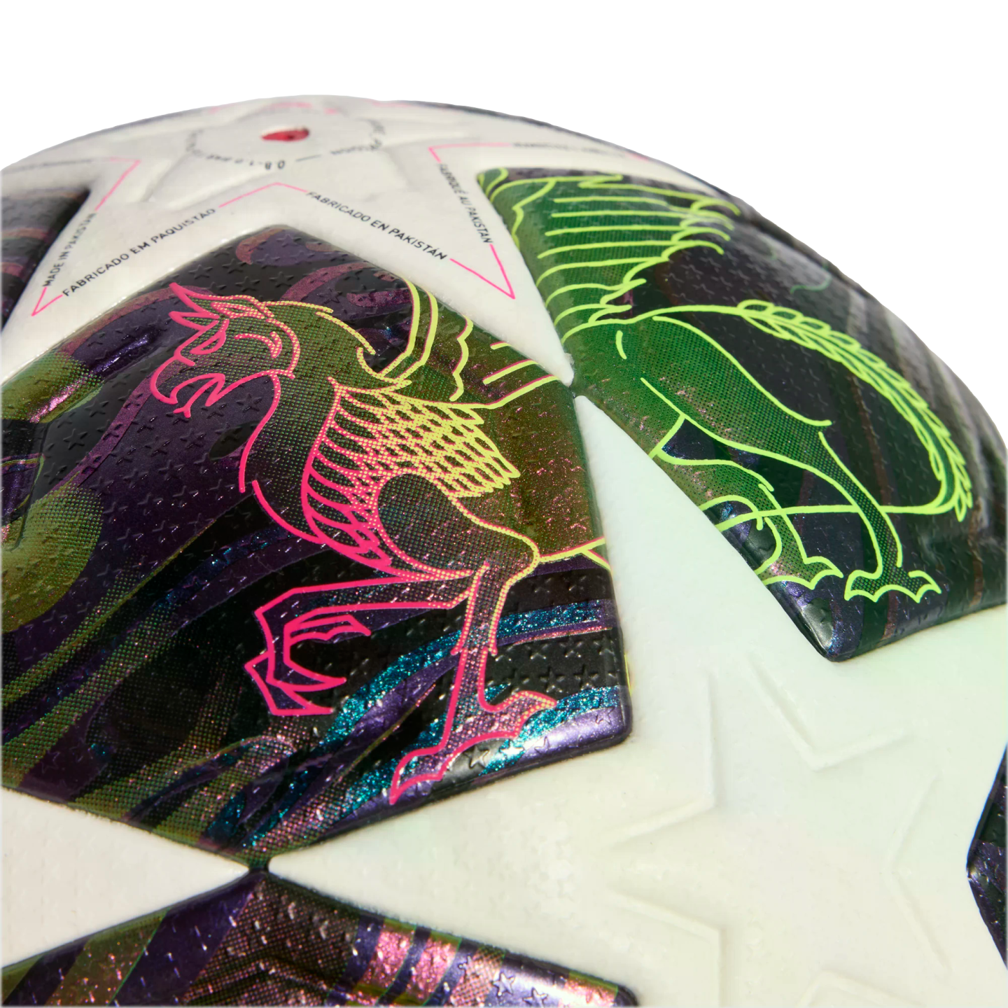 Close-up of a soccer ball with white star panels and iridescent dark panels featuring vibrant neon griffin outlines and a textured star pattern.