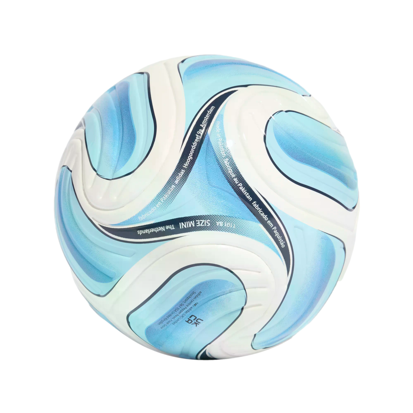 A mini soccer ball with a swirling blue and white pattern against a black background.