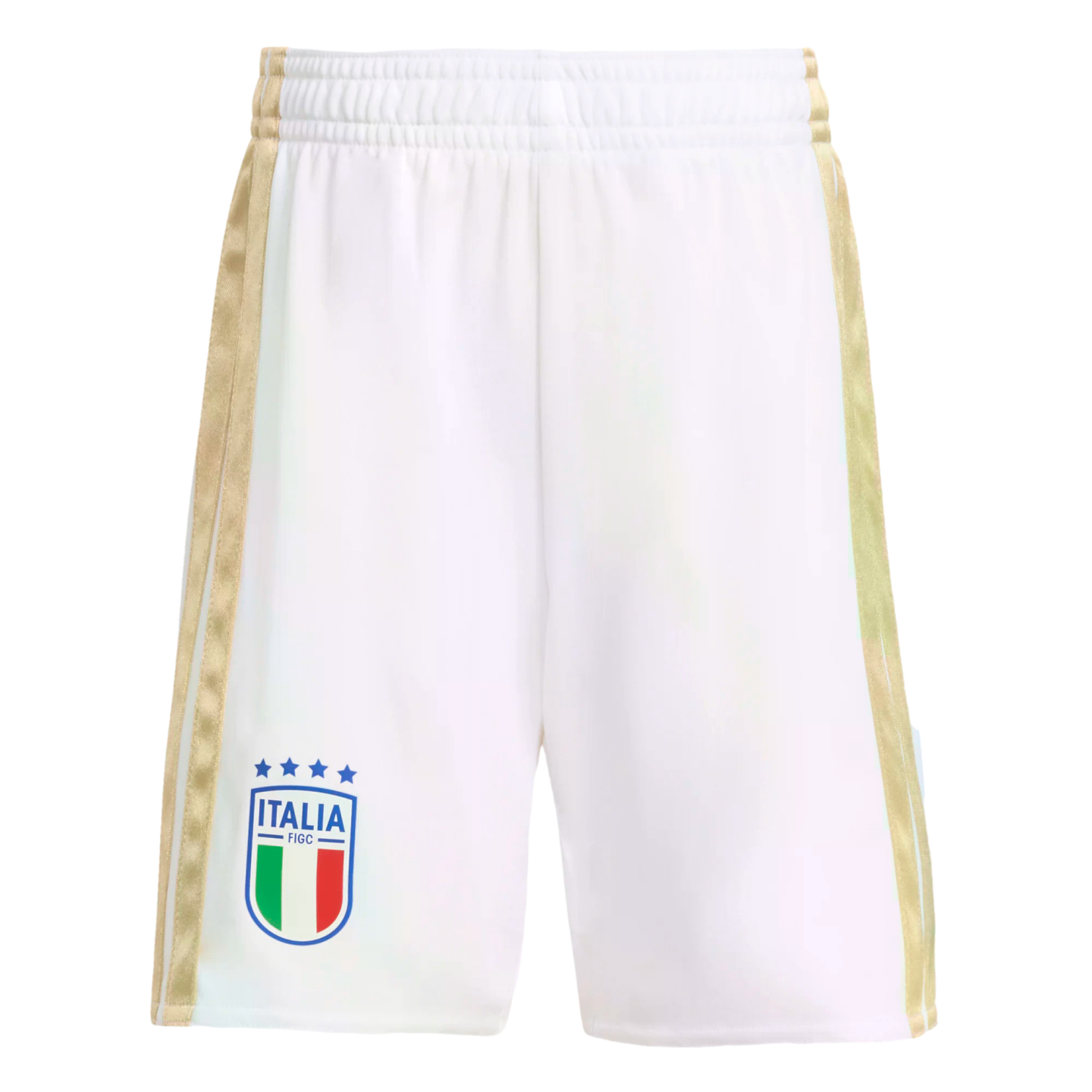 White Italy national soccer team shorts with gold side stripes and a crest featuring the Italian flag and four stars on the lower left leg.