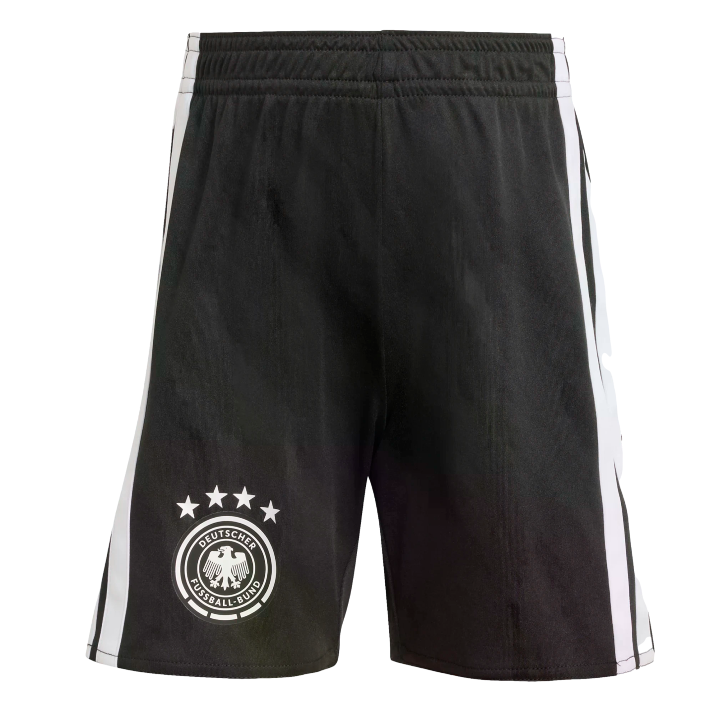 Black athletic shorts featuring white stripes on the sides and the German national football team crest with four stars on the leg.
