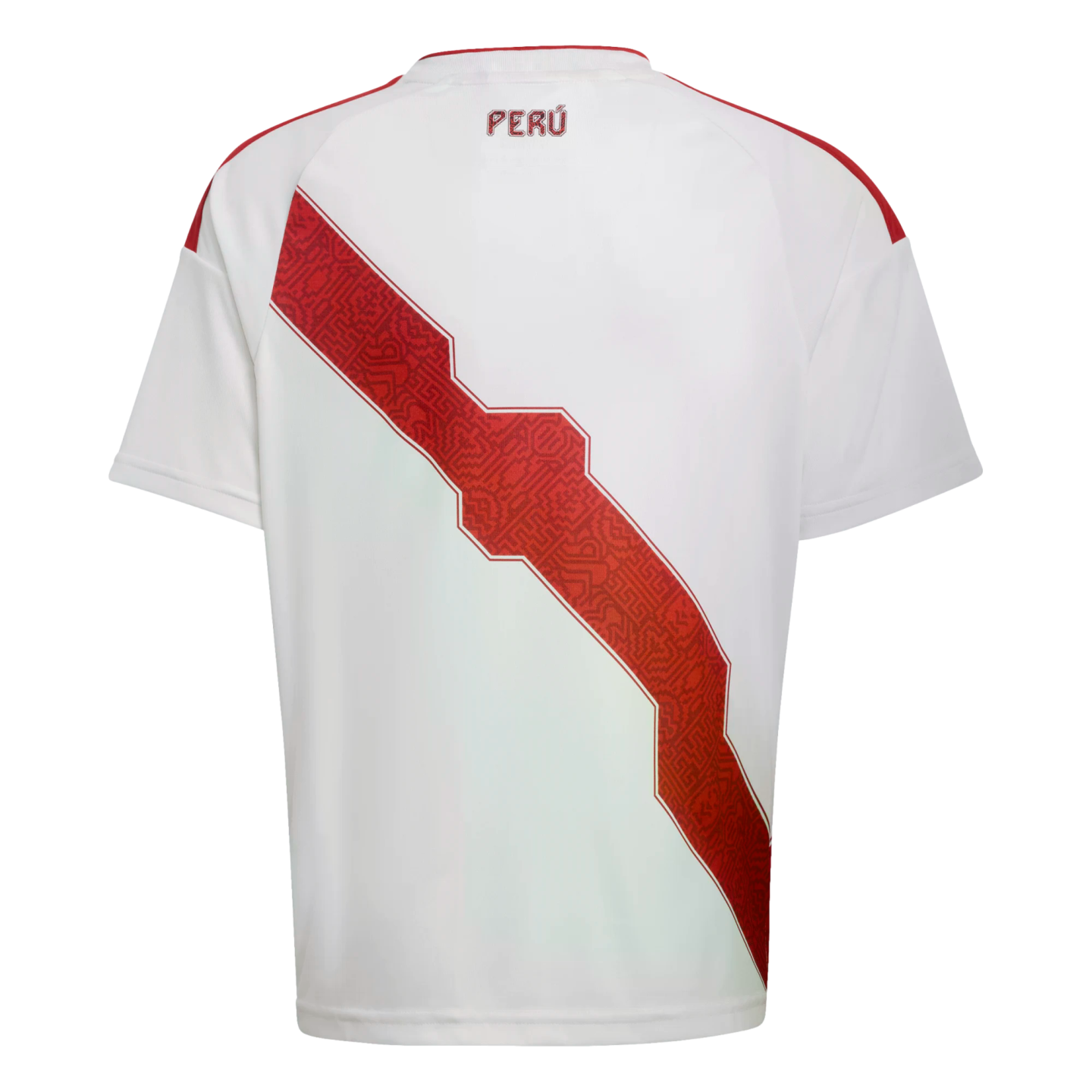 The back of a white Peru national team soccer jersey featuring a red diagonal sash with an intricate geometric pattern and the word "PERÚ" printed below the collar.