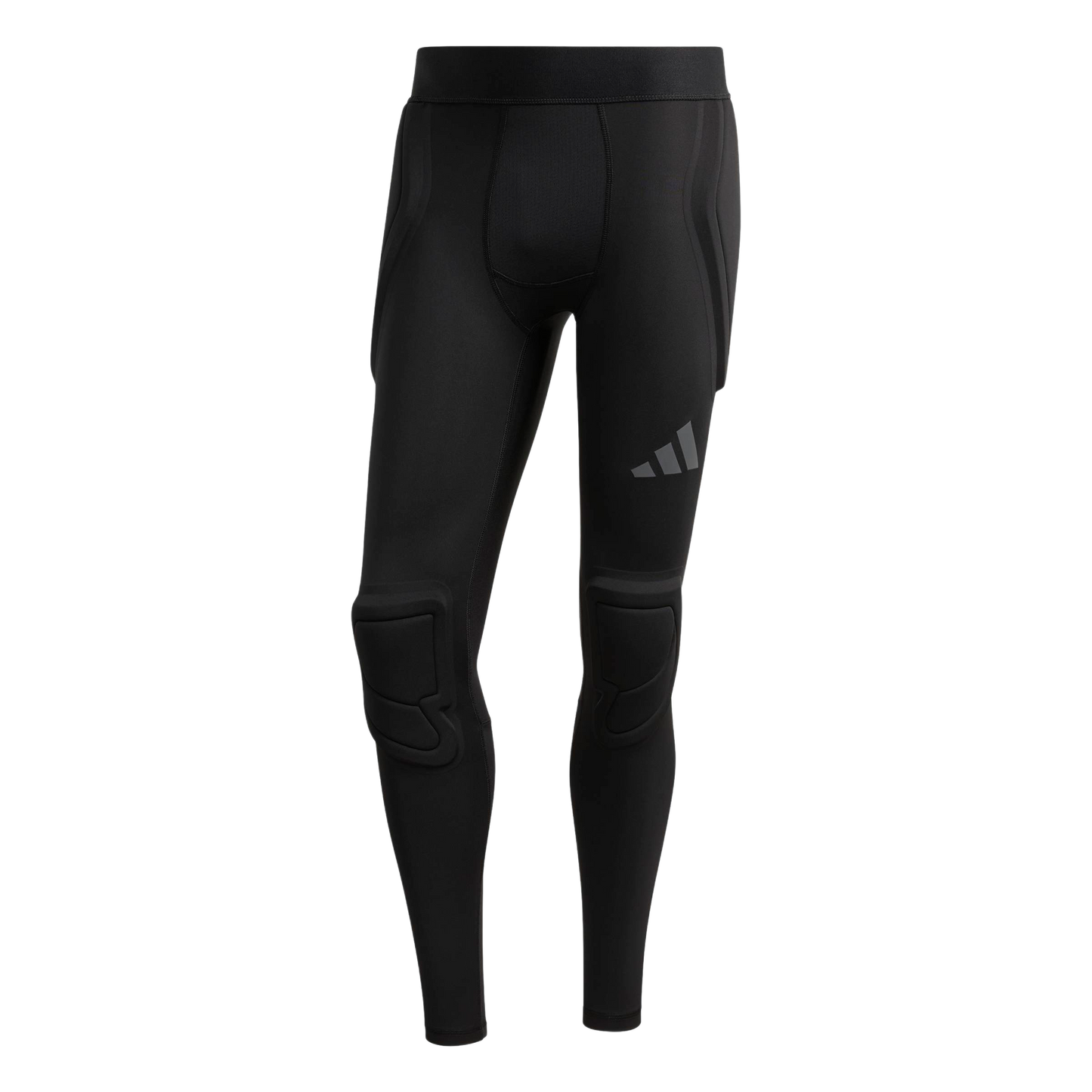 Full-length black Adidas compression leggings with integrated hip and knee pads. Grey Adidas logo on the left thigh.