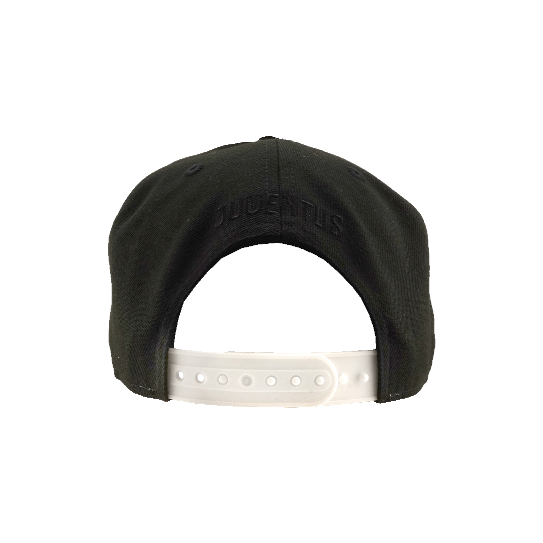 A rear view of a black baseball cap with a white adjustable snapback strap against a white background. The word "JUVENTUS" is embroidered in black on the back of the cap above the opening.
