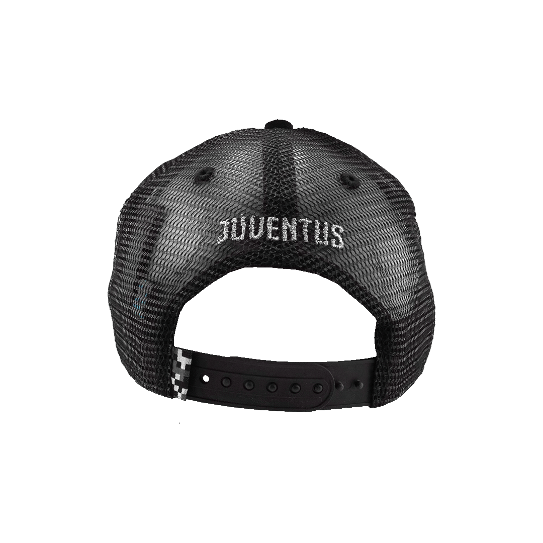 A back view of a black mesh trucker cap with the word "JUVENTUS" embroidered in silver across the middle. It features a black plastic snapback closure and a small black and white checkered tag on the side.