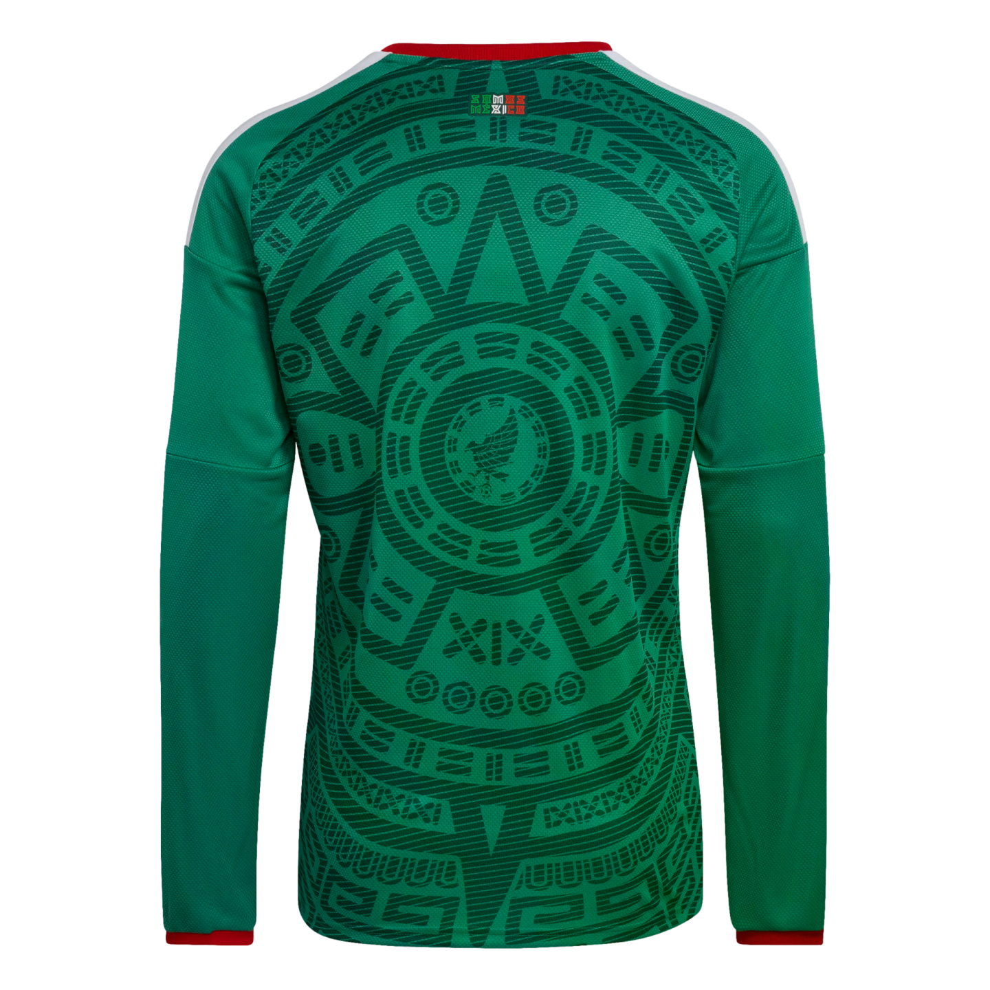 Back of a green long-sleeved Mexico soccer jersey featuring an intricate tonal Aztec-style sun stone pattern, white shoulder stripes, and red trim.
