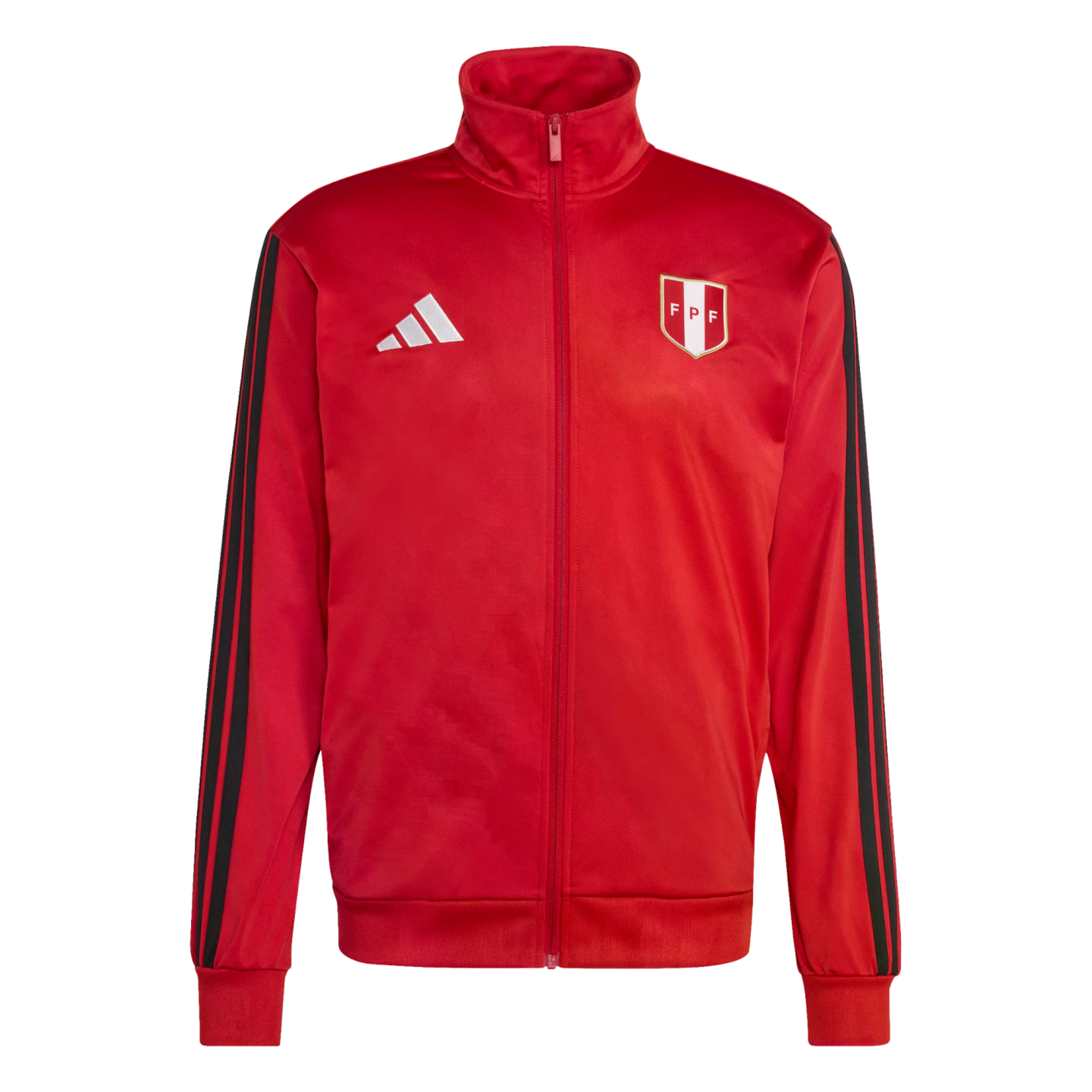 Red Adidas Peru national football team track jacket with black sleeve stripes and FPF crest.