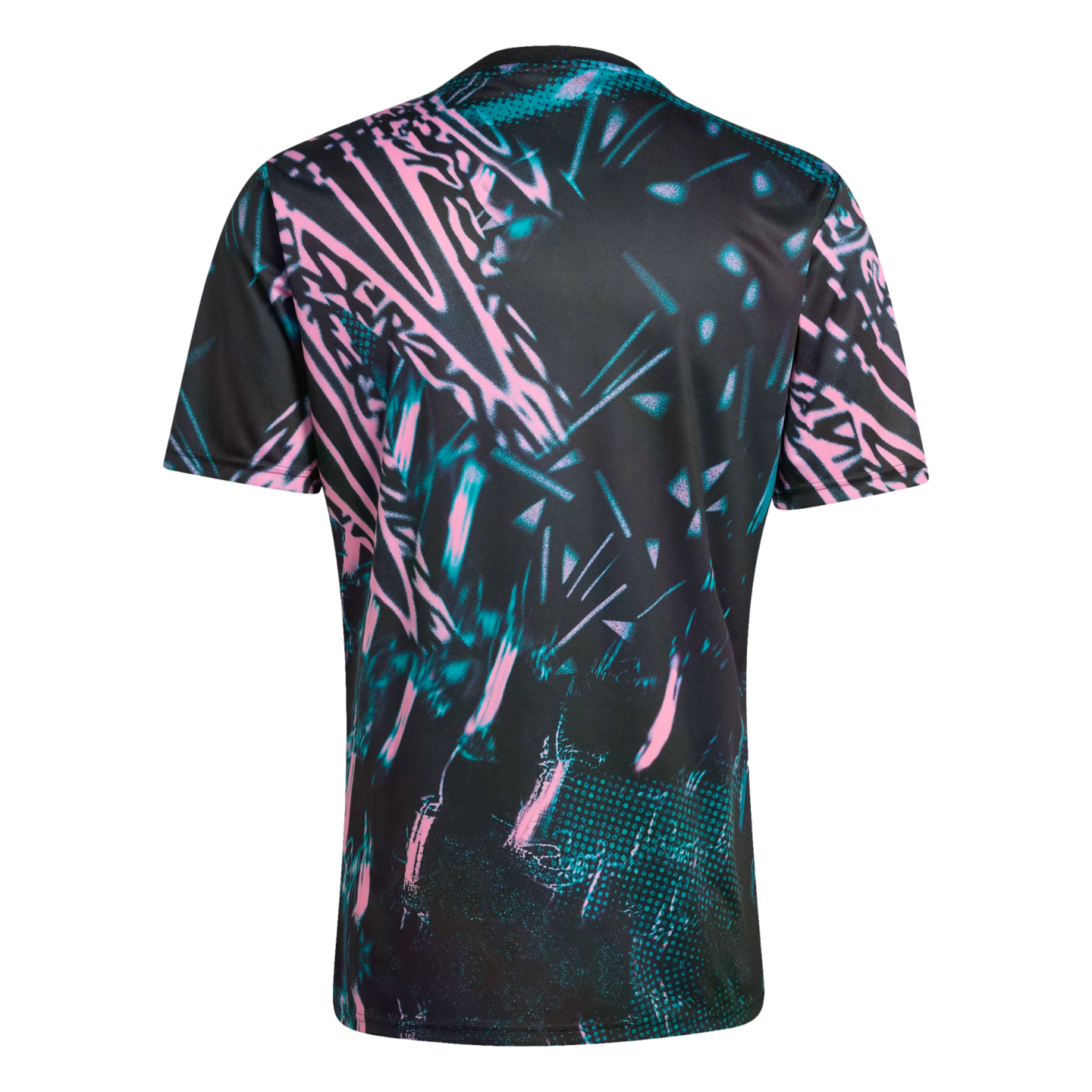 Back of a black t-shirt with a bold abstract print featuring sharp lines and halftone dots in neon pink and teal.