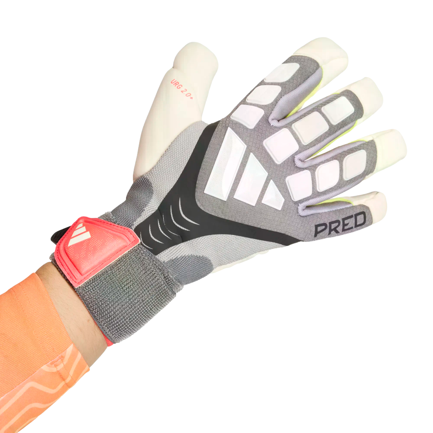 A person's hand wearing a grey and white Adidas Predator goalkeeper glove with a red wrist strap, set against a solid black background.