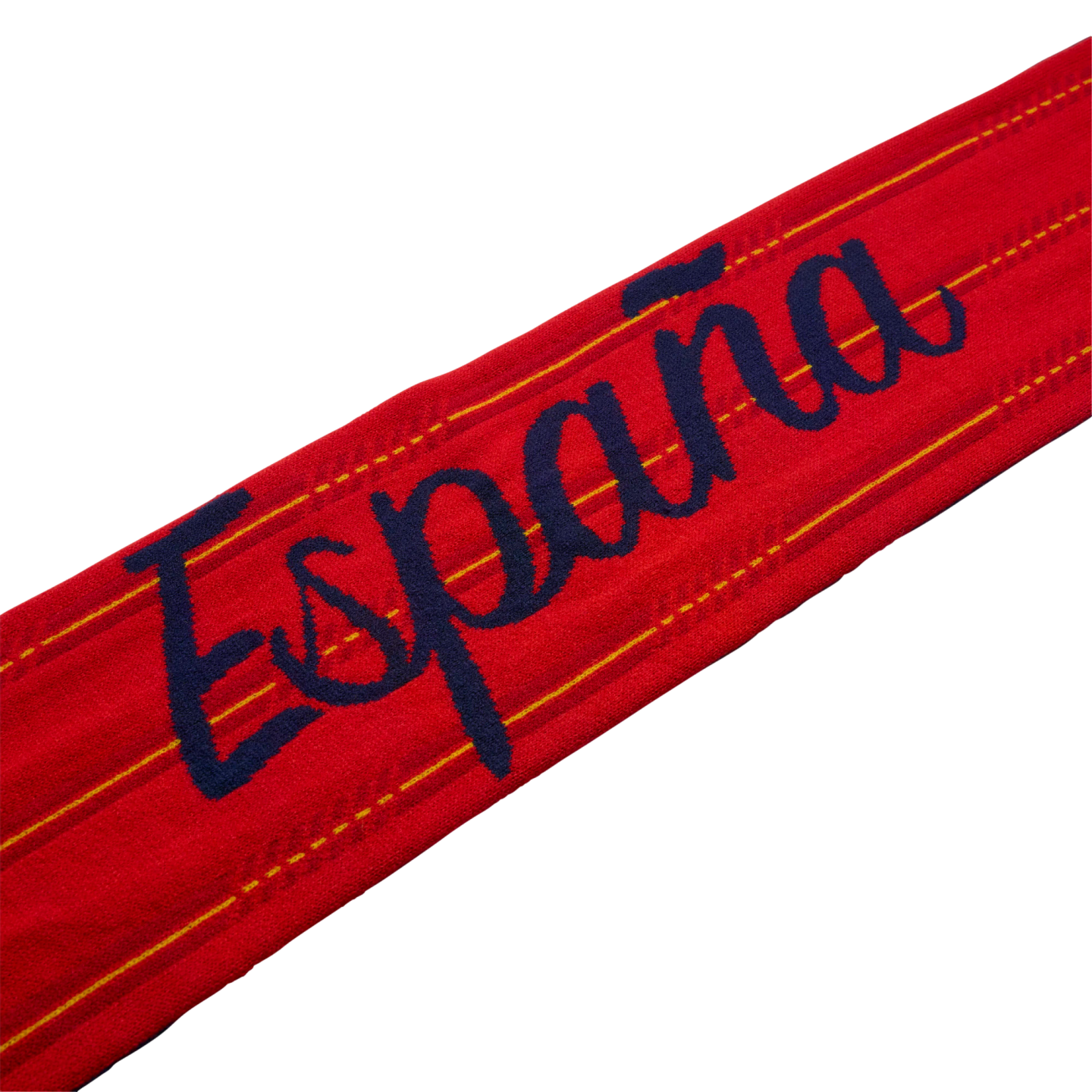Red fabric band with "España" in navy blue cursive lettering and thin yellow stripes, isolated on black.
