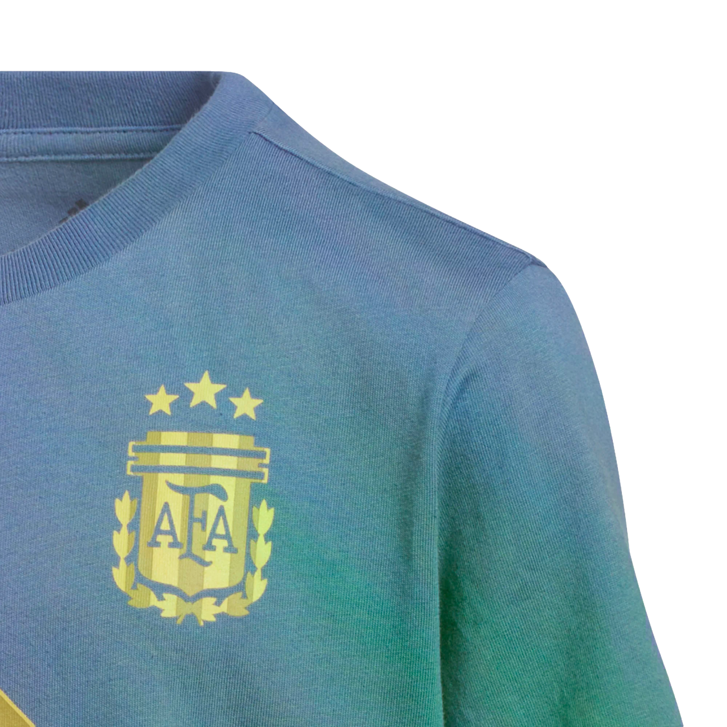 Close-up of a blue and green gradient t-shirt featuring the golden AFA logo with three stars on the chest.