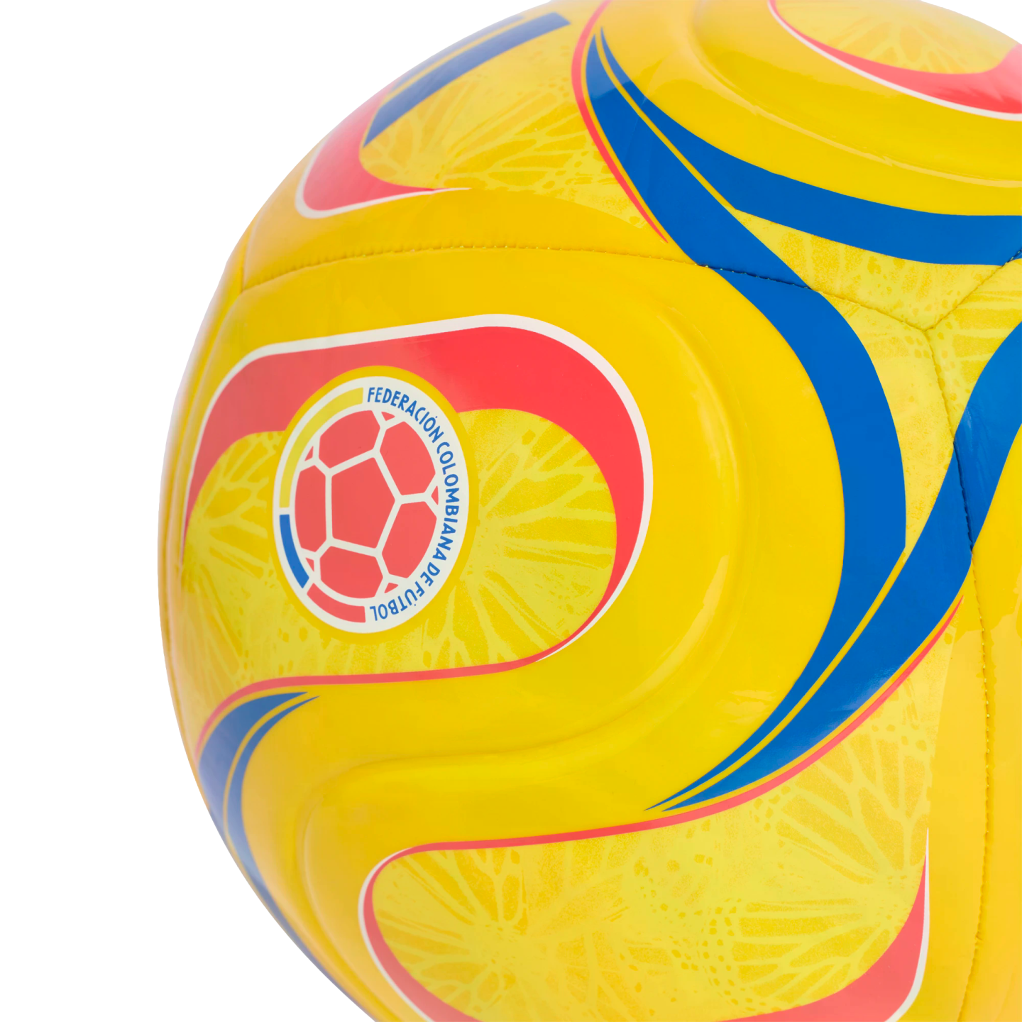 A yellow soccer ball with blue and red wavy designs, featuring the logo of the Federación Colombiana de Fútbol.