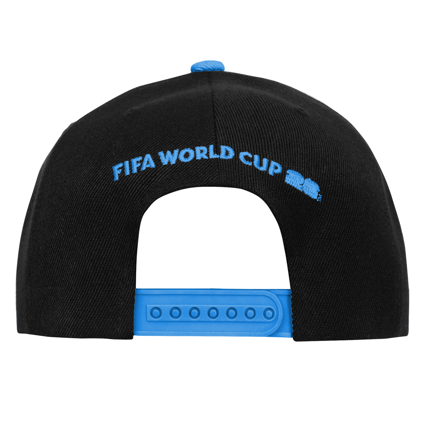 The back of a black snapback cap featuring light blue "FIFA WORLD CUP" text embroidered in an arch above the adjustable blue plastic closure. A light blue button is visible on top of the crown against a black background.