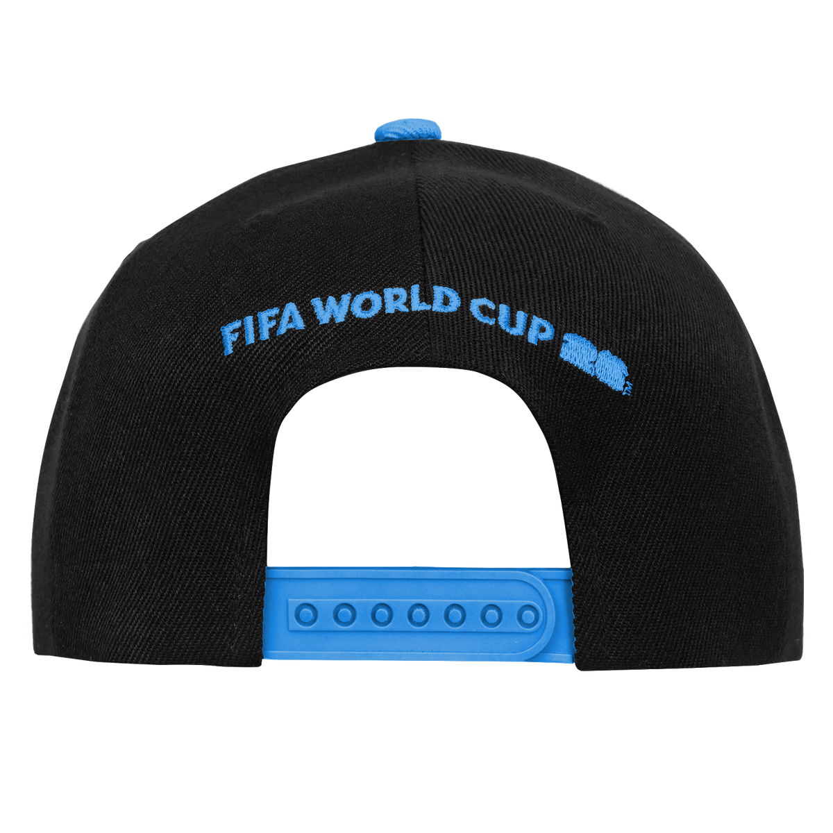 The back of a black snapback cap featuring light blue "FIFA WORLD CUP" text embroidered in an arch above the adjustable blue plastic closure. A light blue button is visible on top of the crown against a black background.