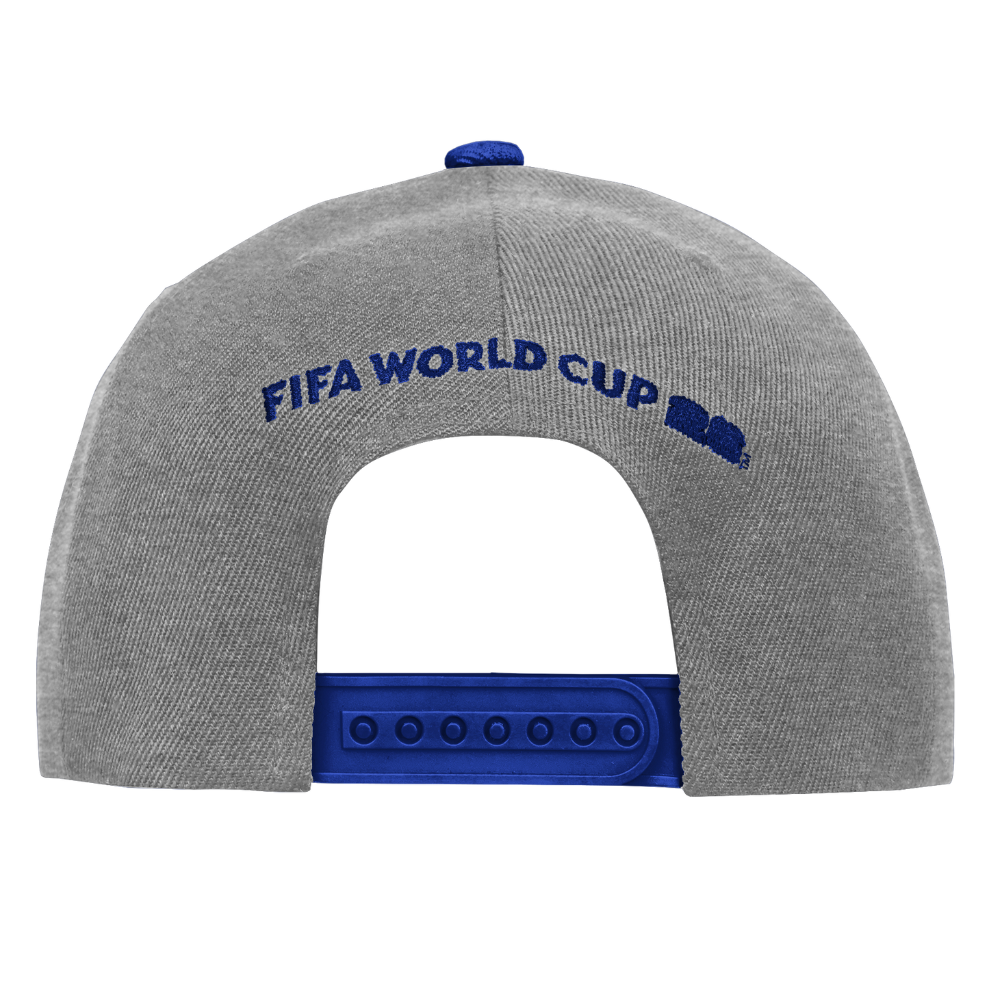The back of a grey heathered baseball cap with blue embroidery that reads "FIFA WORLD CUP" in an arch. The cap features a blue plastic snapback closure and a blue button on top, all set against a solid black background.