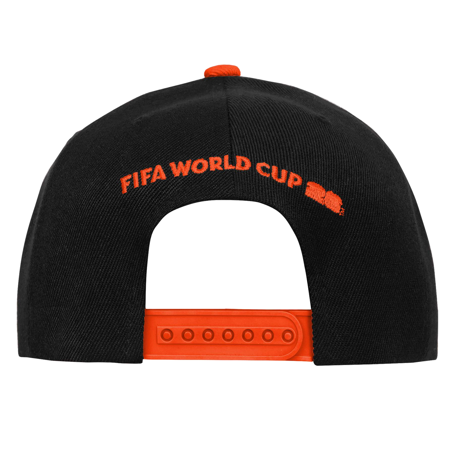 A black baseball cap shown from the back against a black background. It features "FIFA WORLD CUP" embroidered in orange above an orange snapback closure.