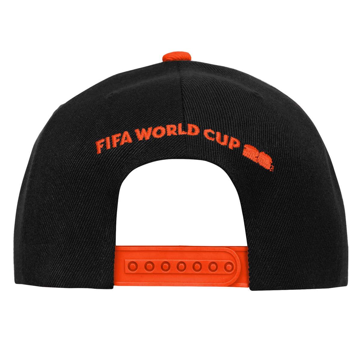 A black baseball cap shown from the back against a black background. It features "FIFA WORLD CUP" embroidered in orange above an orange snapback closure.