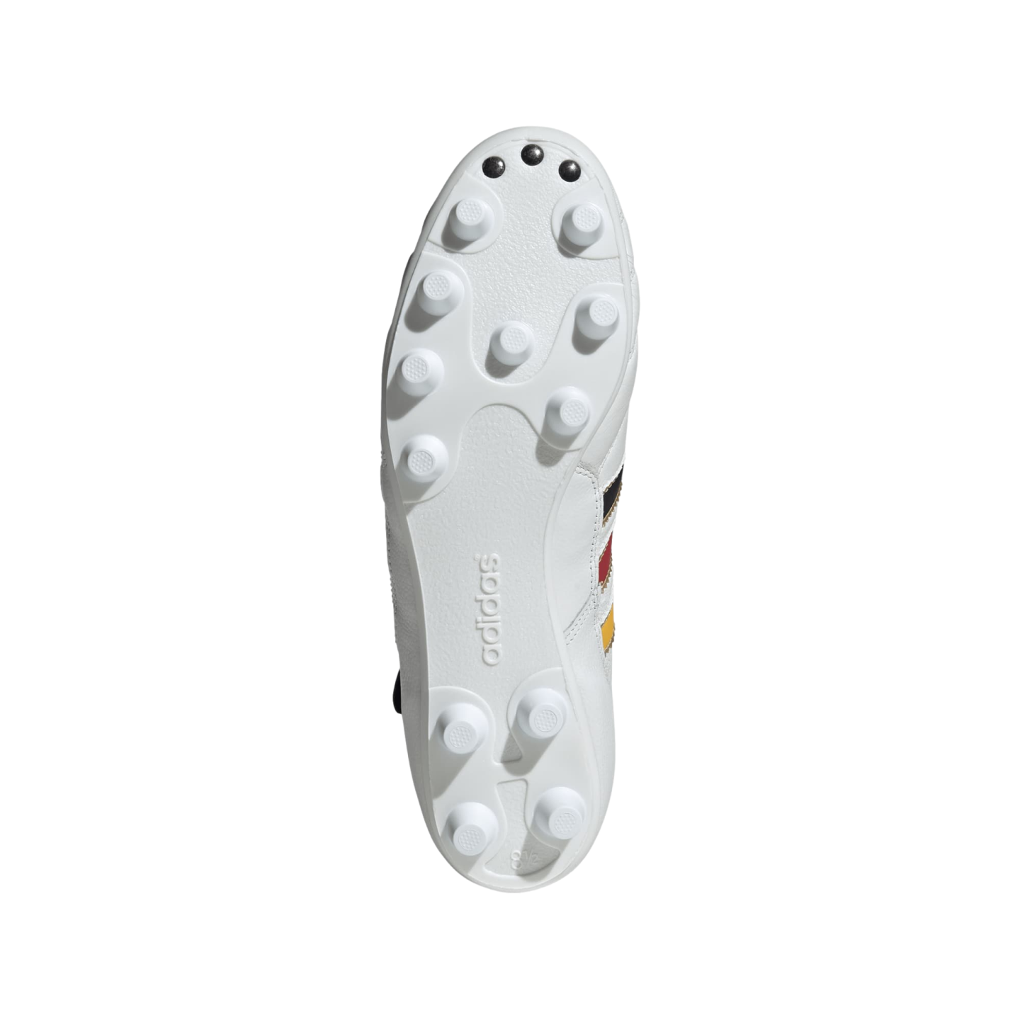 Soleplate of a white Adidas soccer cleat featuring molded circular studs, black rivets at the toe, and an embossed logo.