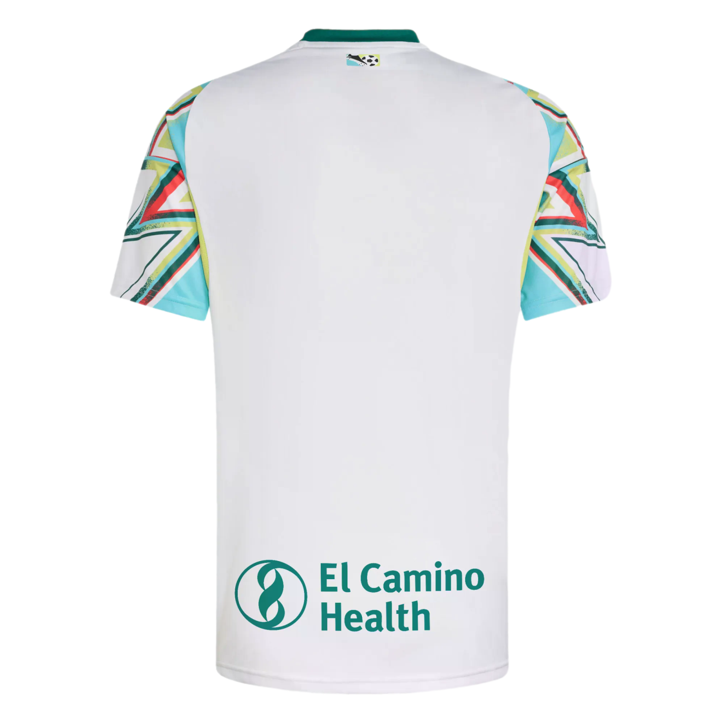 Back of a white soccer jersey with colorful geometric patterns on the sleeves and the "El Camino Health" logo on the lower back.