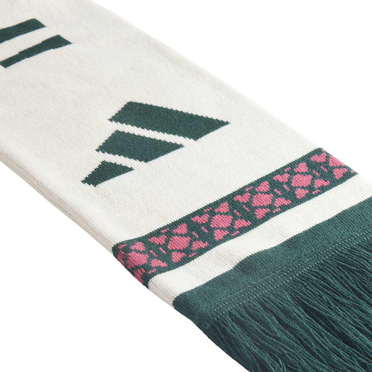 White knitted scarf with a dark green Adidas mountain logo and a horizontal green and pink patterned band above dark green fringe.