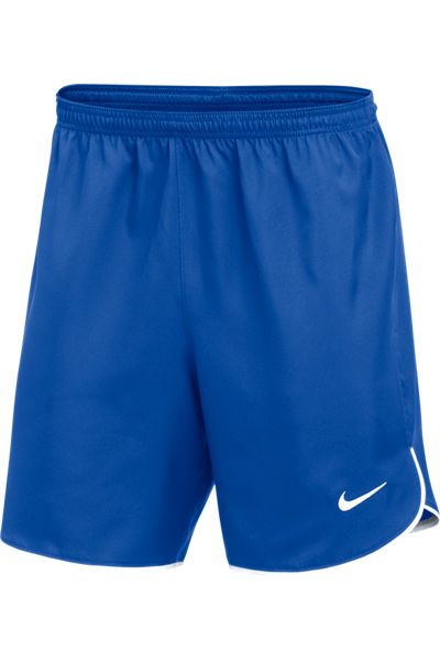 Royal blue Nike athletic shorts with white piping along the curved hems and a white swoosh logo on the left leg.