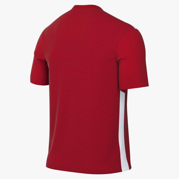 Back view of a red short-sleeved athletic jersey with a subtle textured pattern and a vertical white stripe on the right side.