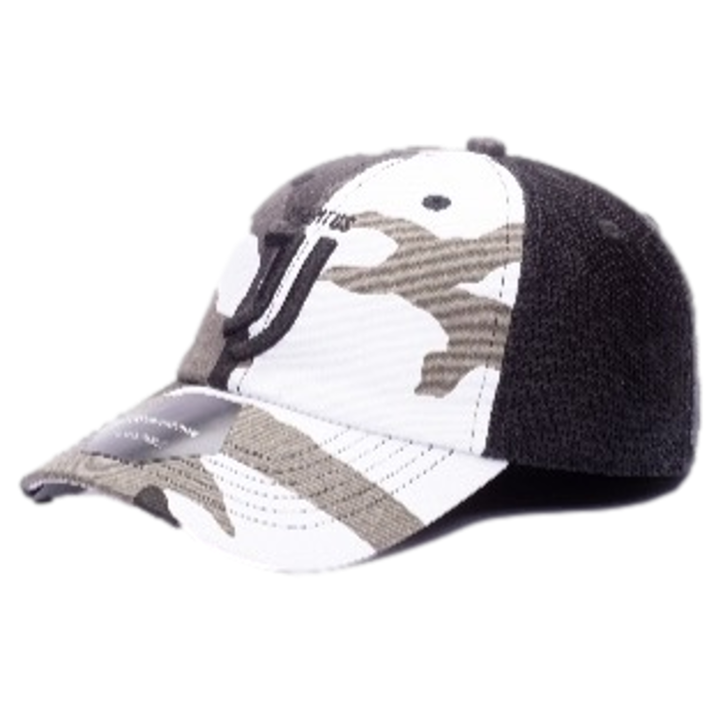 A Juventus baseball cap featuring a white and grey camouflage front and brim, a black stylized "J" logo, and a dark grey mesh back.