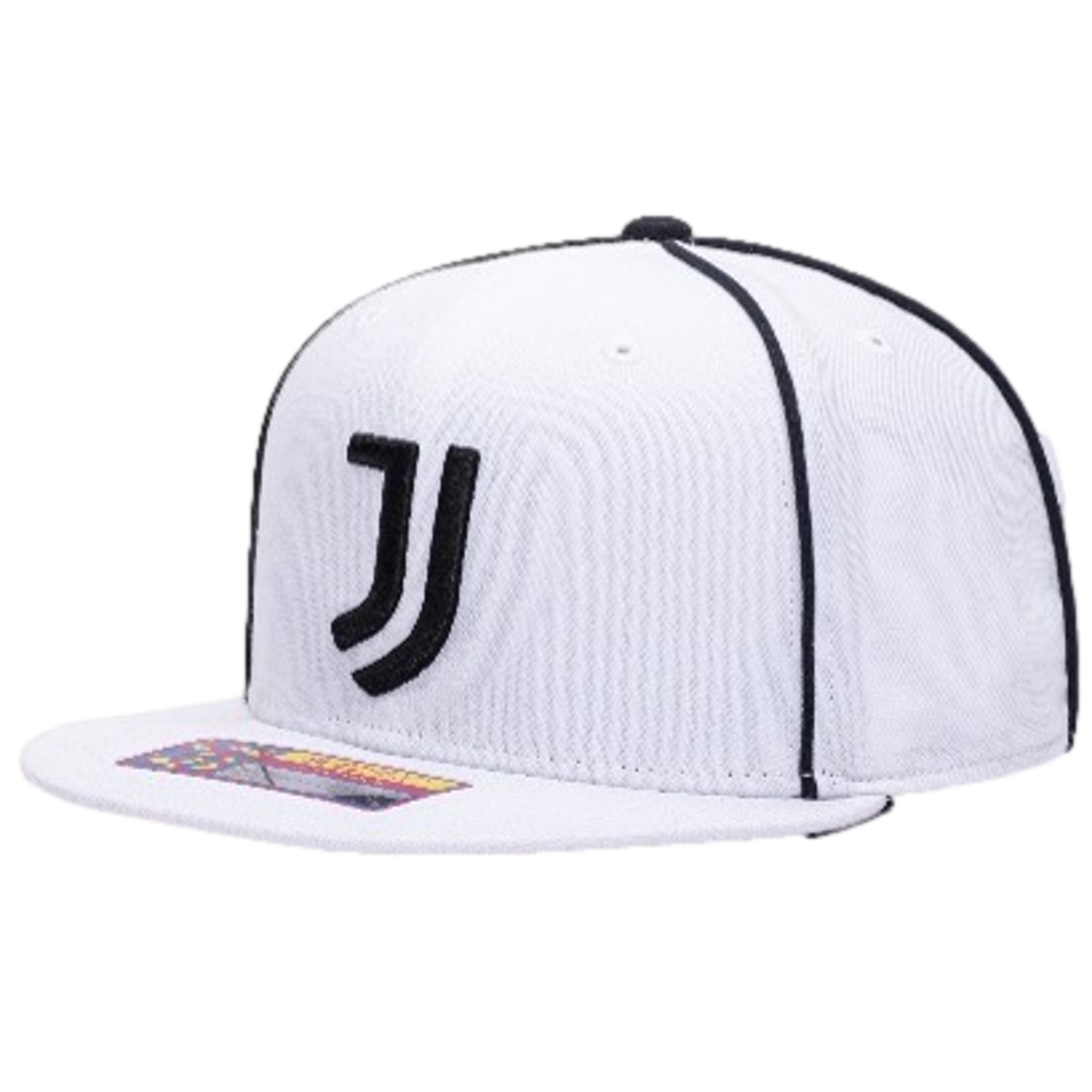 A white flat-brimmed baseball cap featuring a black Juventus "J" logo on the front and black piping along the crown seams.
