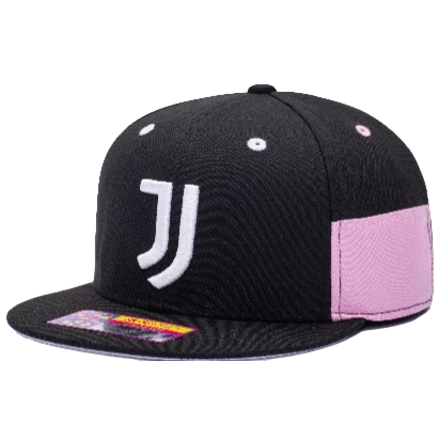 Black snapback cap featuring a white stylized 'J' logo on the front, a pink side panel, and a flat brim with a colorful sticker.