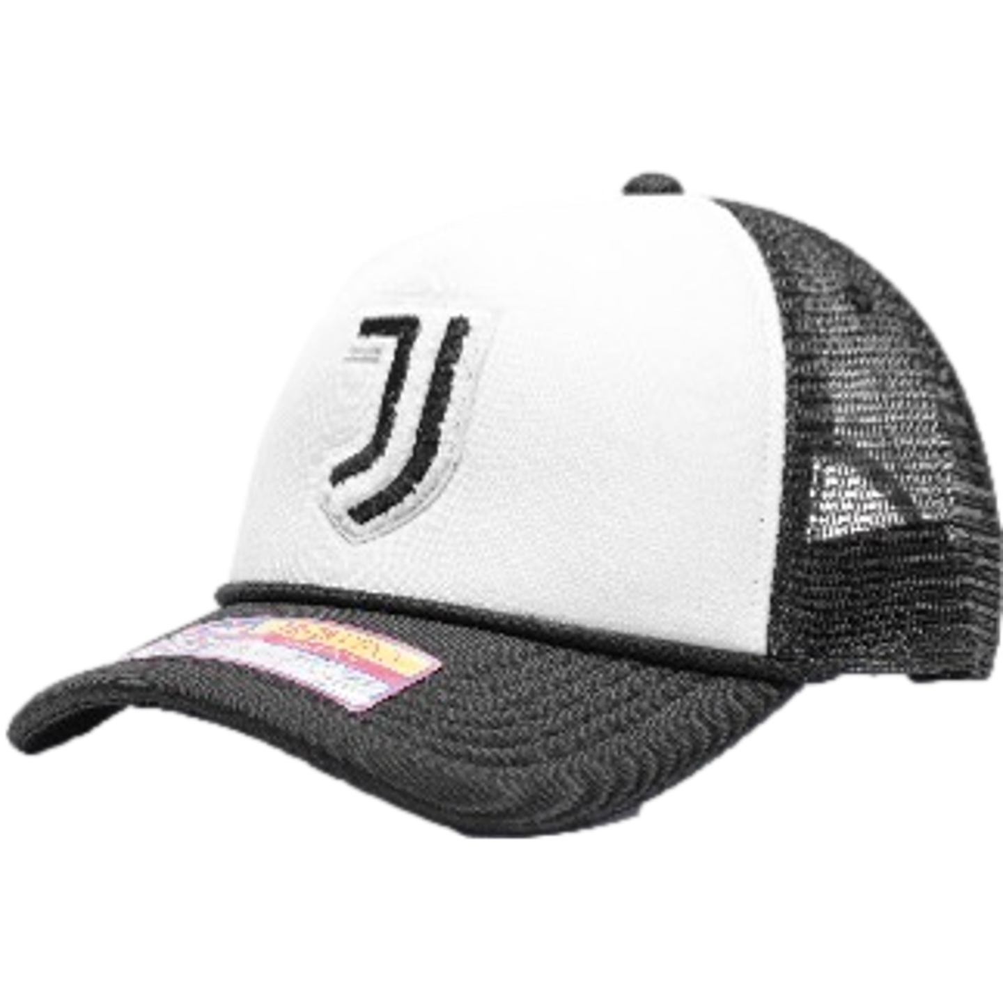 A white and black trucker cap with a stylized black "J" logo on the front, black mesh back, and a curved black brim.