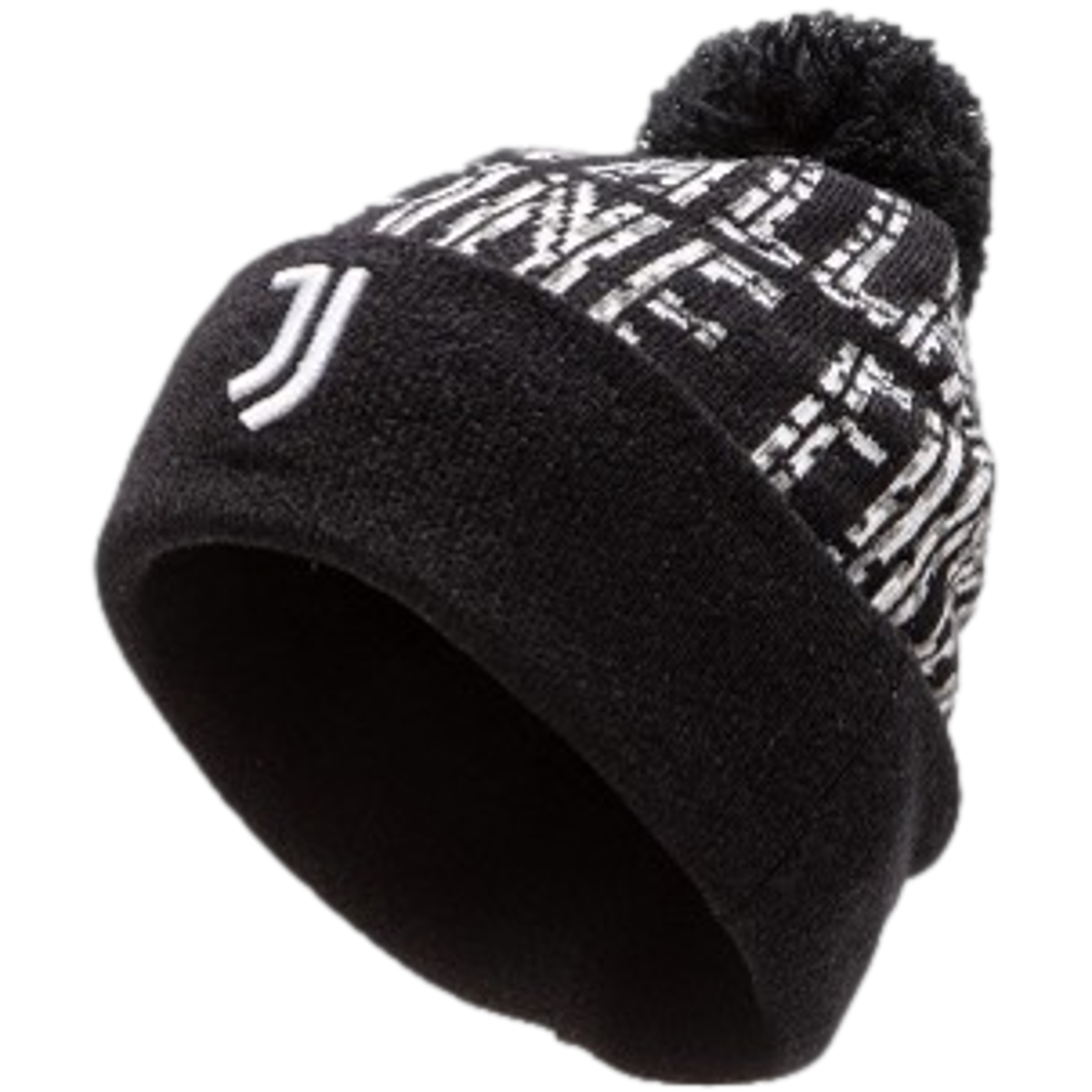 Black knit beanie with a white Juventus logo on the cuff, a black and white patterned crown, and a black pom-pom on top.