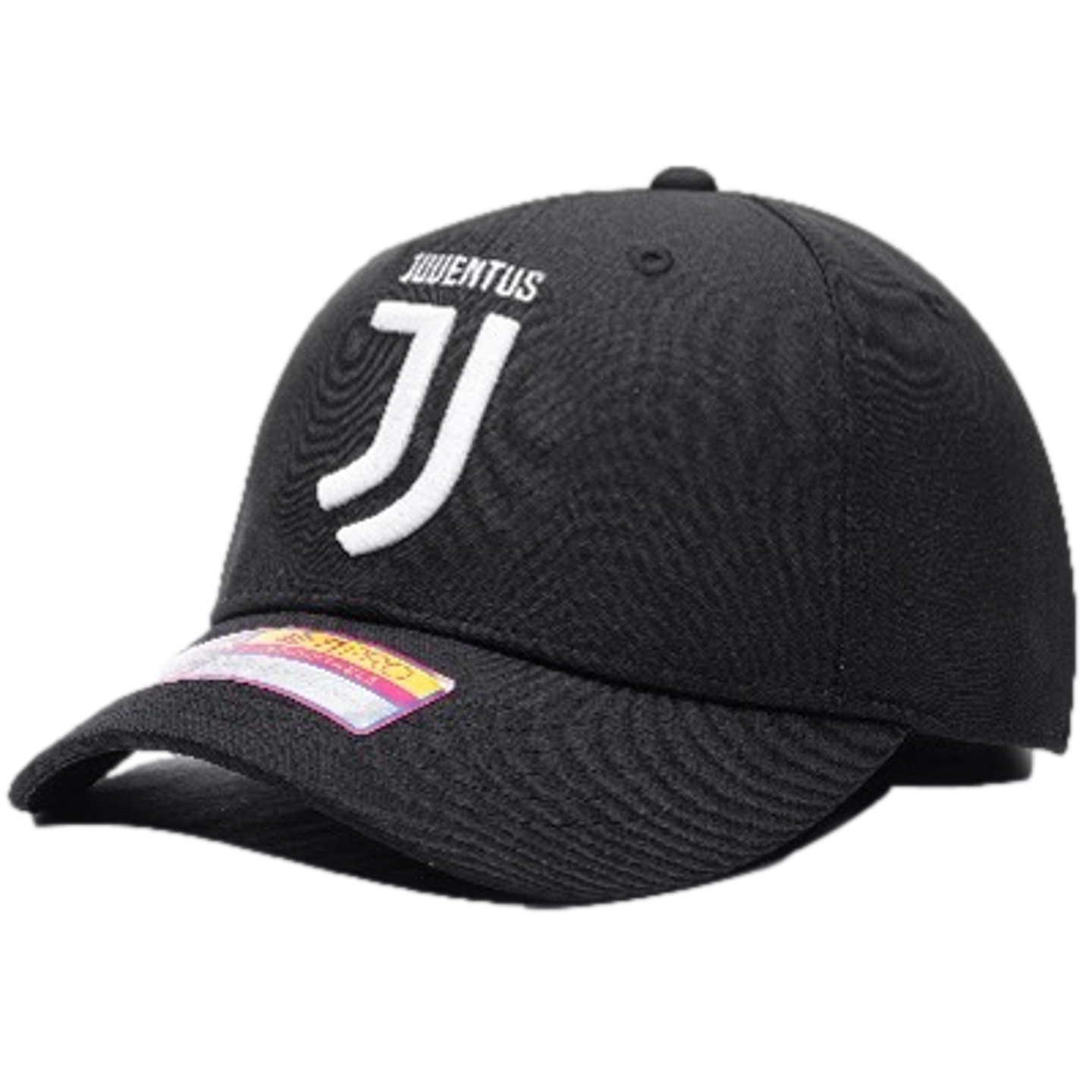 Black baseball cap with white Juventus FC "J" logo and text embroidered on the front. A small holographic sticker is visible on the brim.
