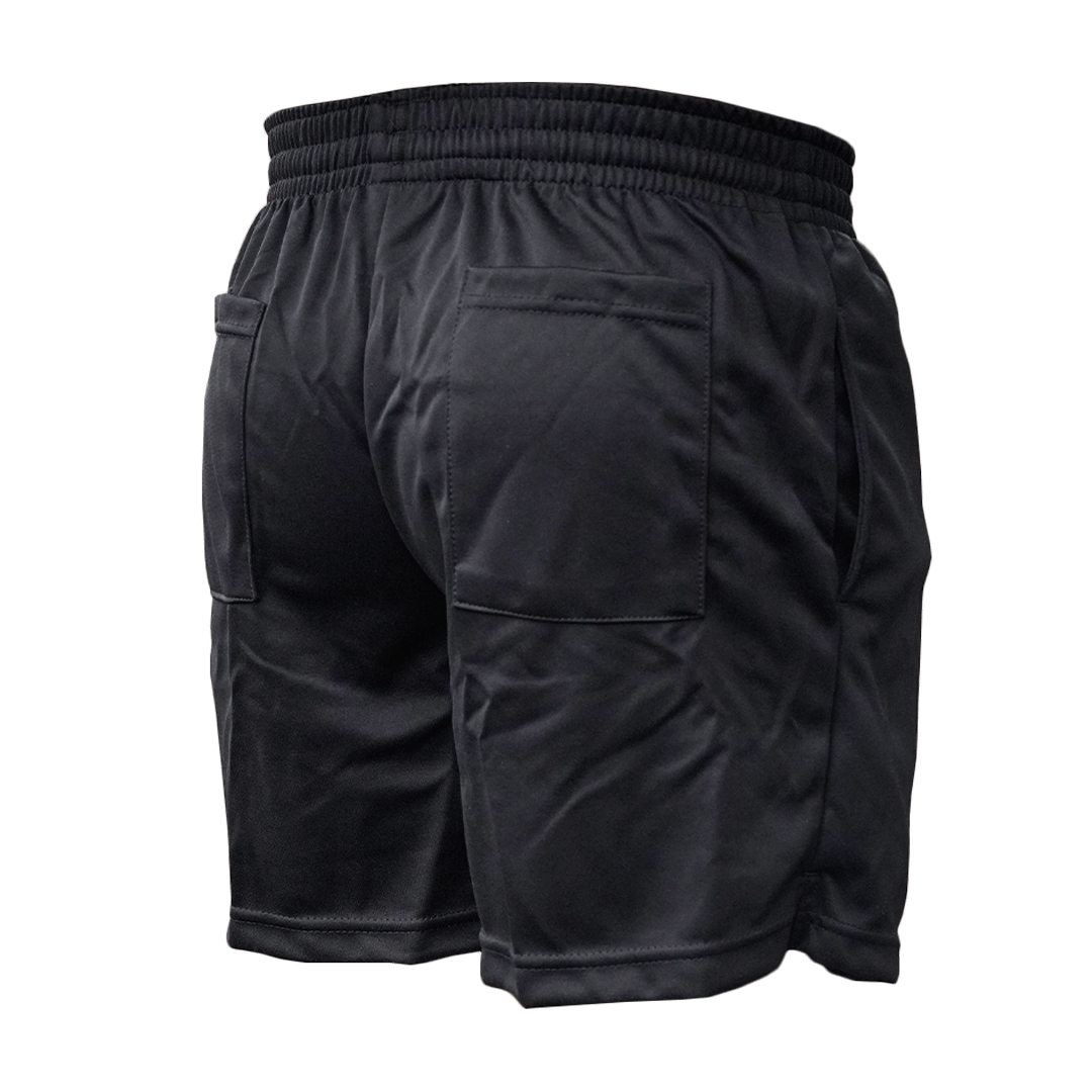 Back view of black Soccer Post Referee Shorts featuring an elastic waistband, two large square back pockets, and side pockets.