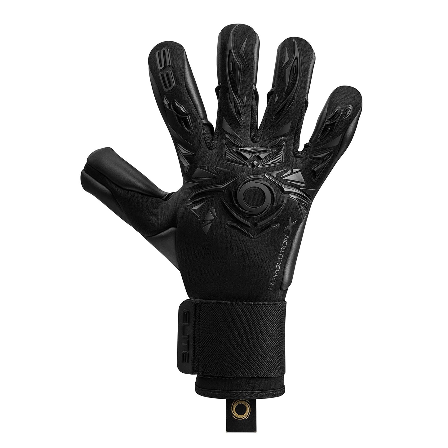 All-black goalkeeper glove with detailed geometric embossing on the backhand, a branded wrist strap, and 'REVOLUTION X' text, shown against a white background.